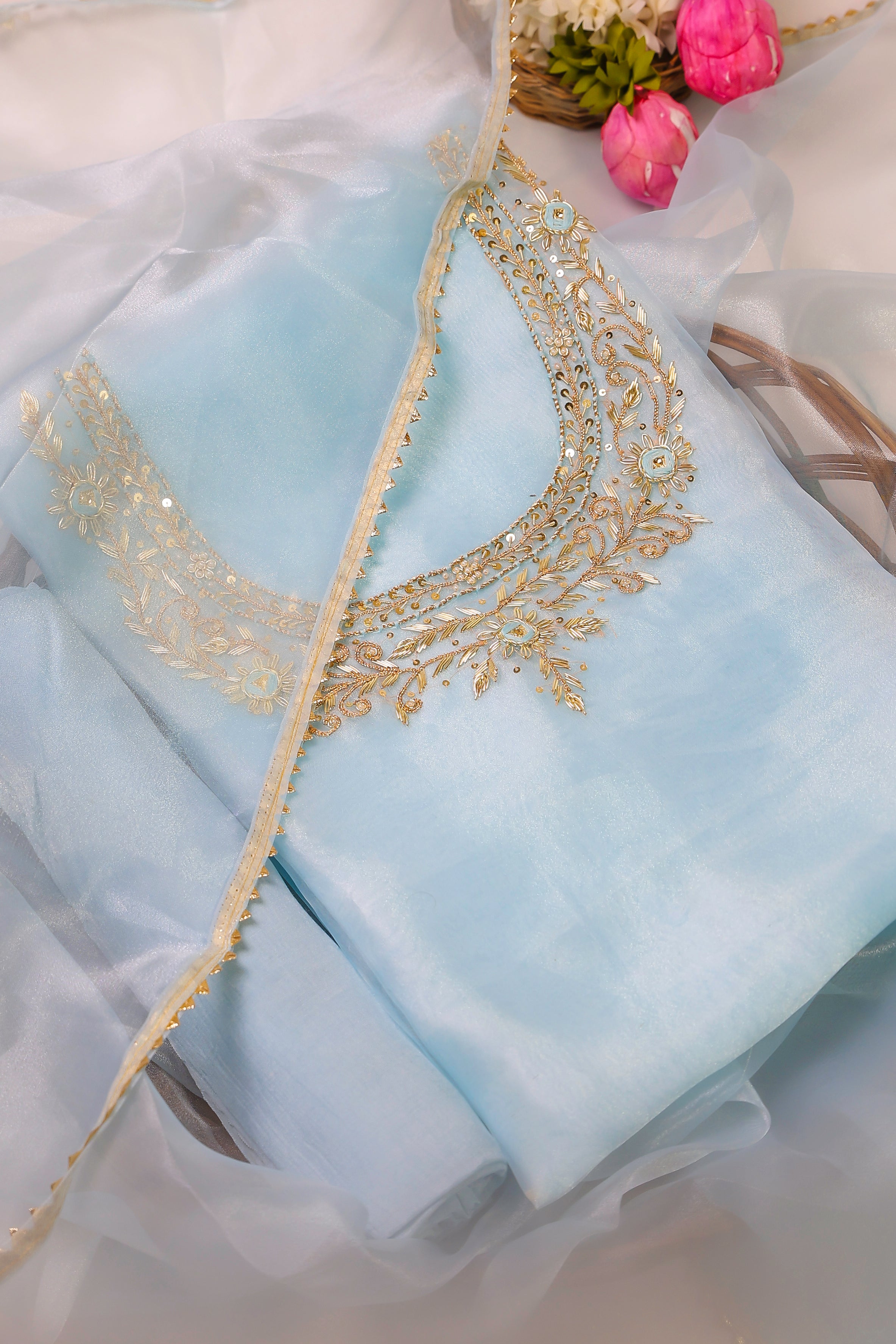 Sky Blue Unstitch Suit with Handcrafted Zardozi and Thread Work