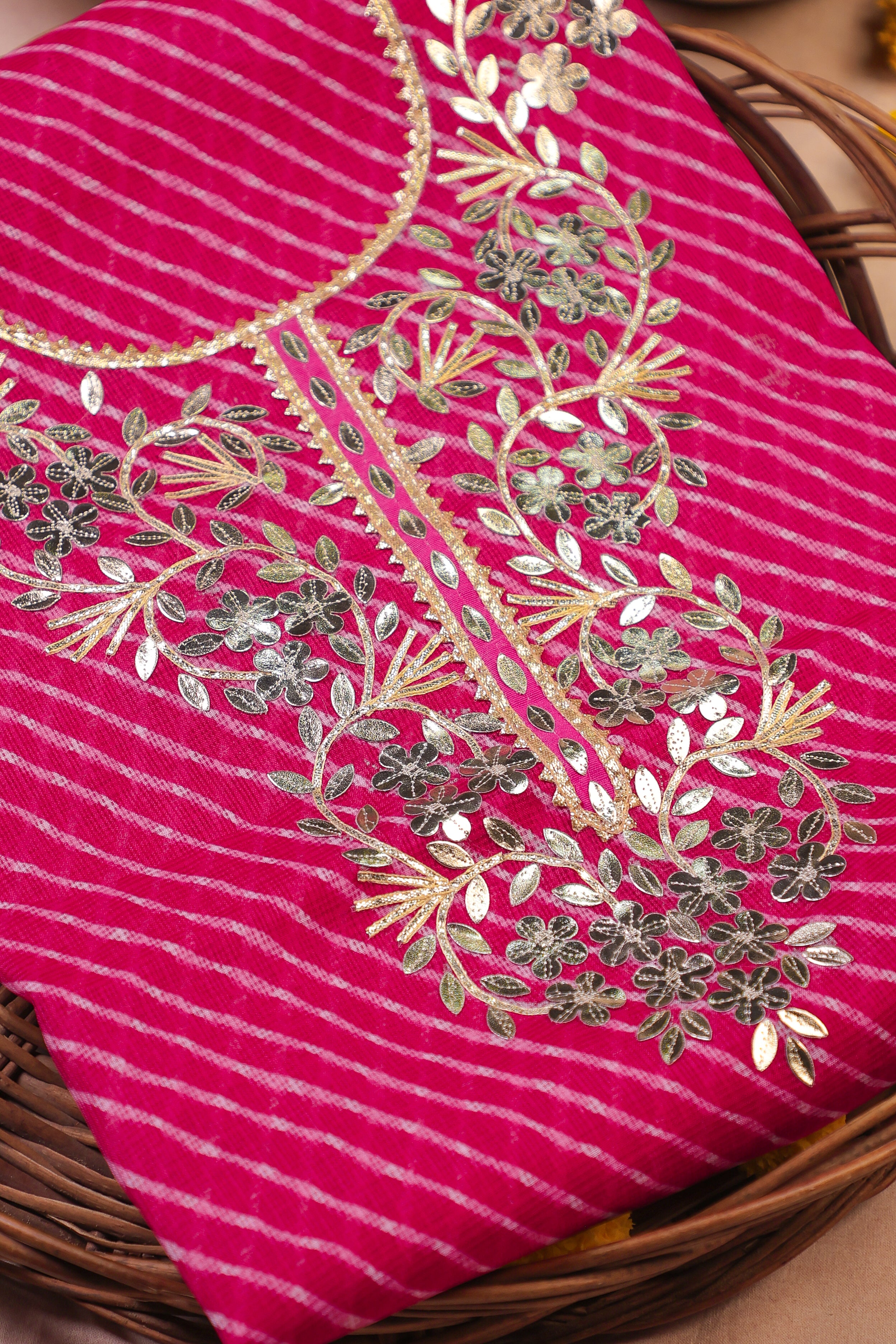 Rani Radiance Unstitched Suit Set in Kota Doria with Golden Gota Patti Work