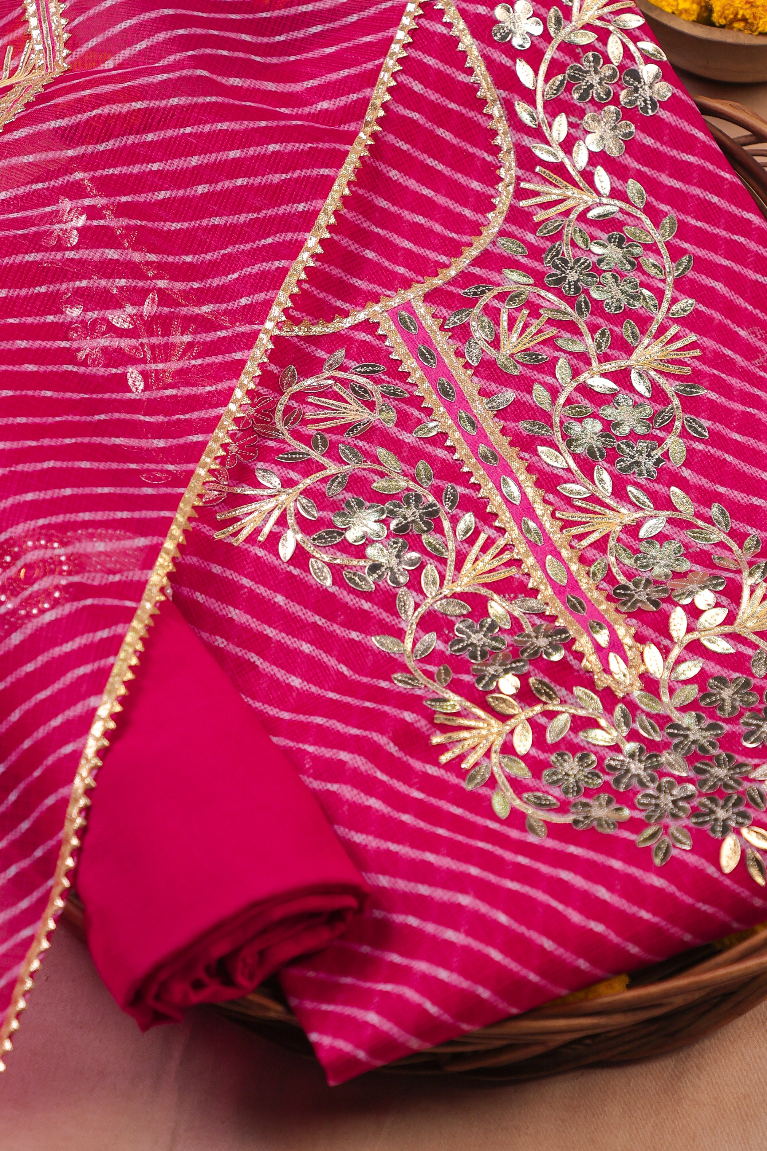 Rani Radiance Unstitched Suit Set in Kota Doria with Golden Gota Patti Work