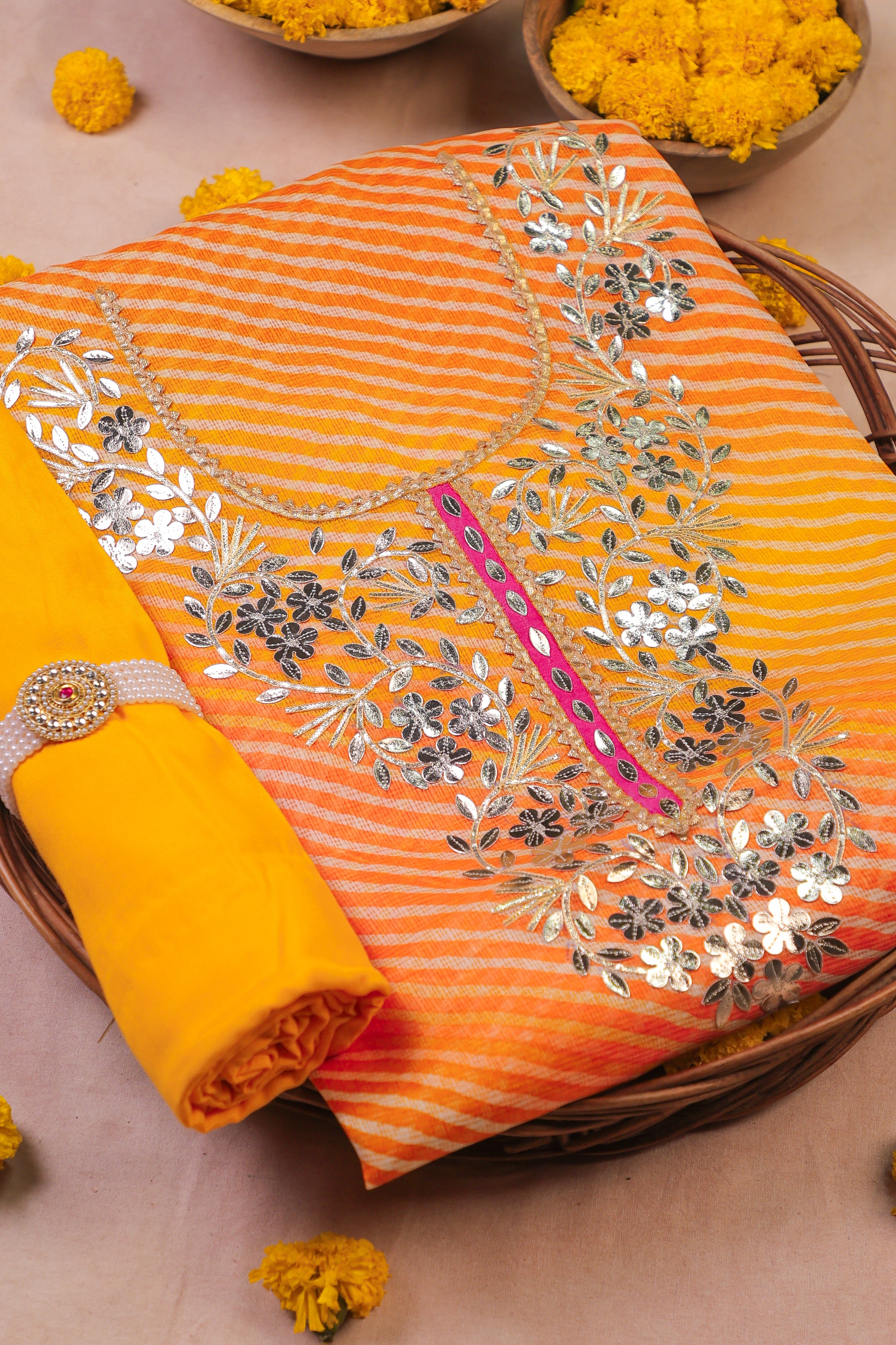 Marigold Glow Unstitched Suit Set in Kota Doria with Golden Gota Patti Work