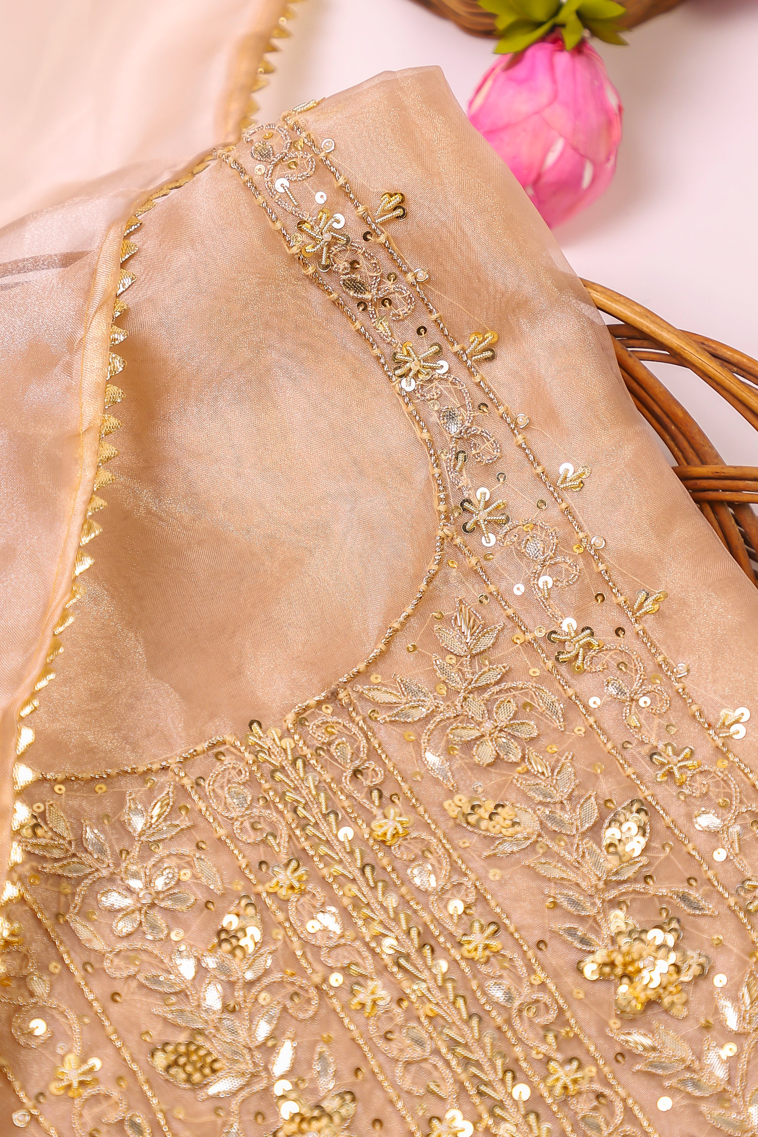 Golden Copper Brown Unstitch Suit with Handcrafted Zardozi and Heavy Gota Patti Work