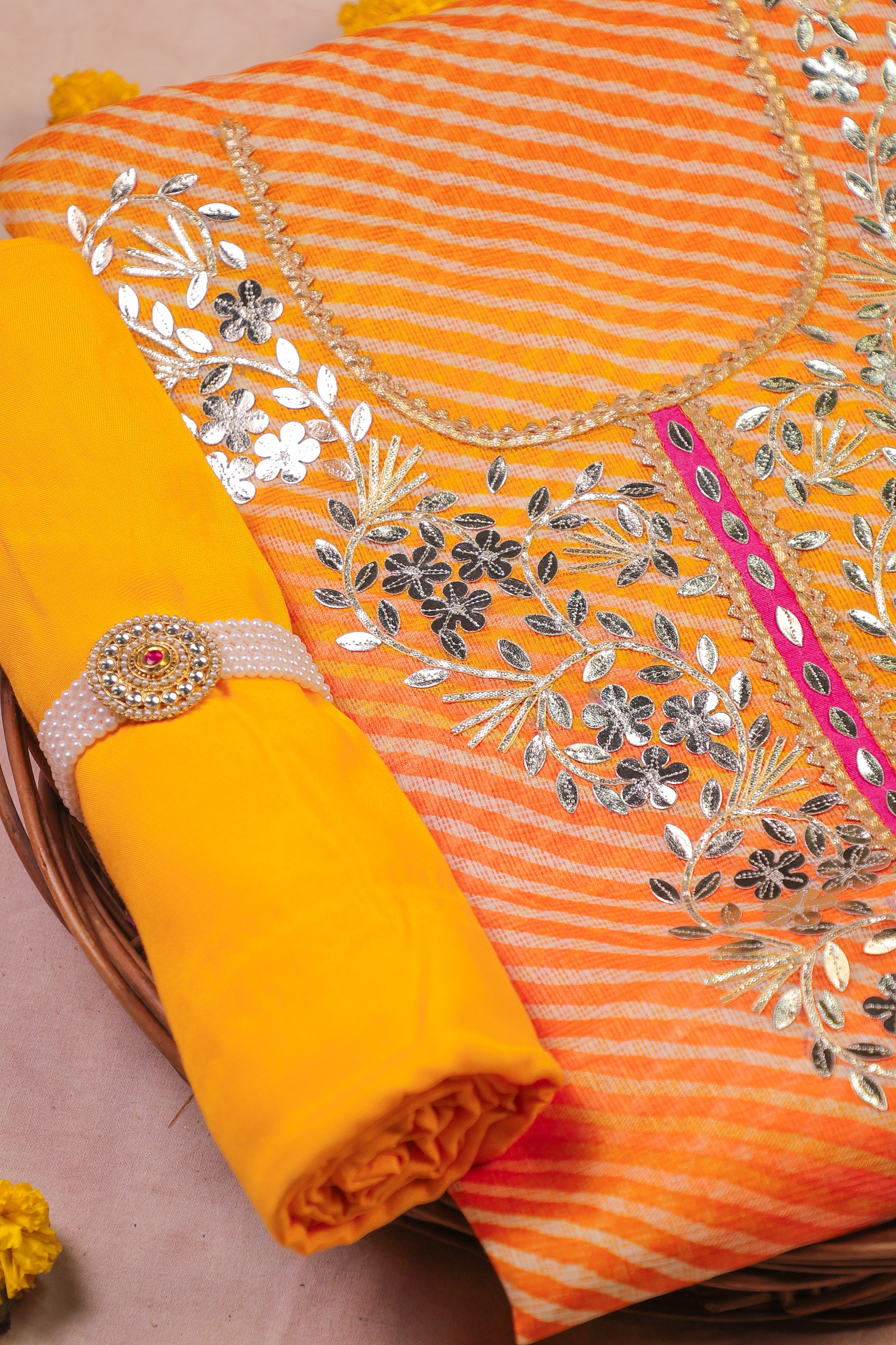 Marigold Glow Unstitched Suit Set in Kota Doria with Golden Gota Patti Work