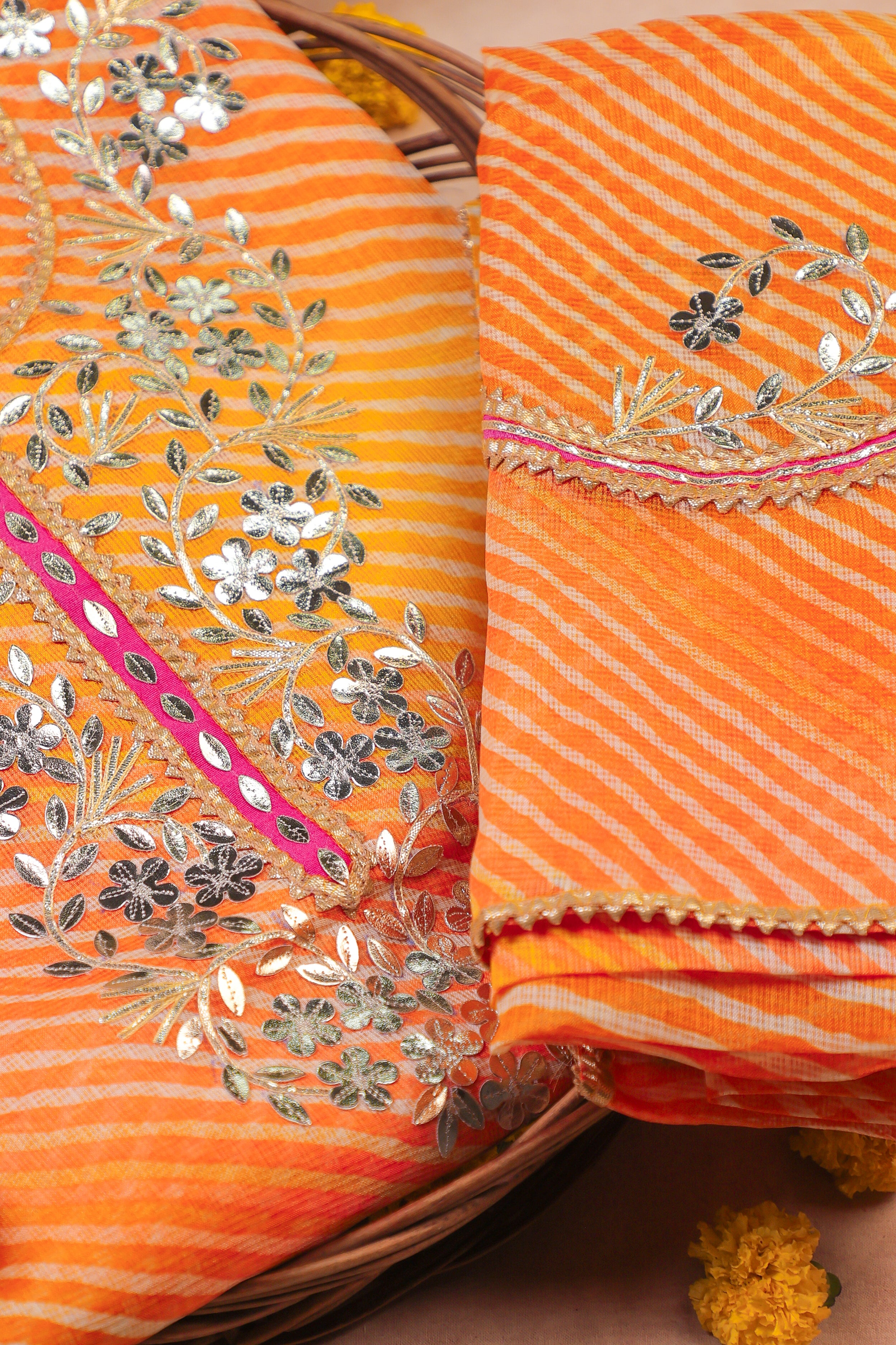 Marigold Glow Unstitched Suit Set in Kota Doria with Golden Gota Patti Work