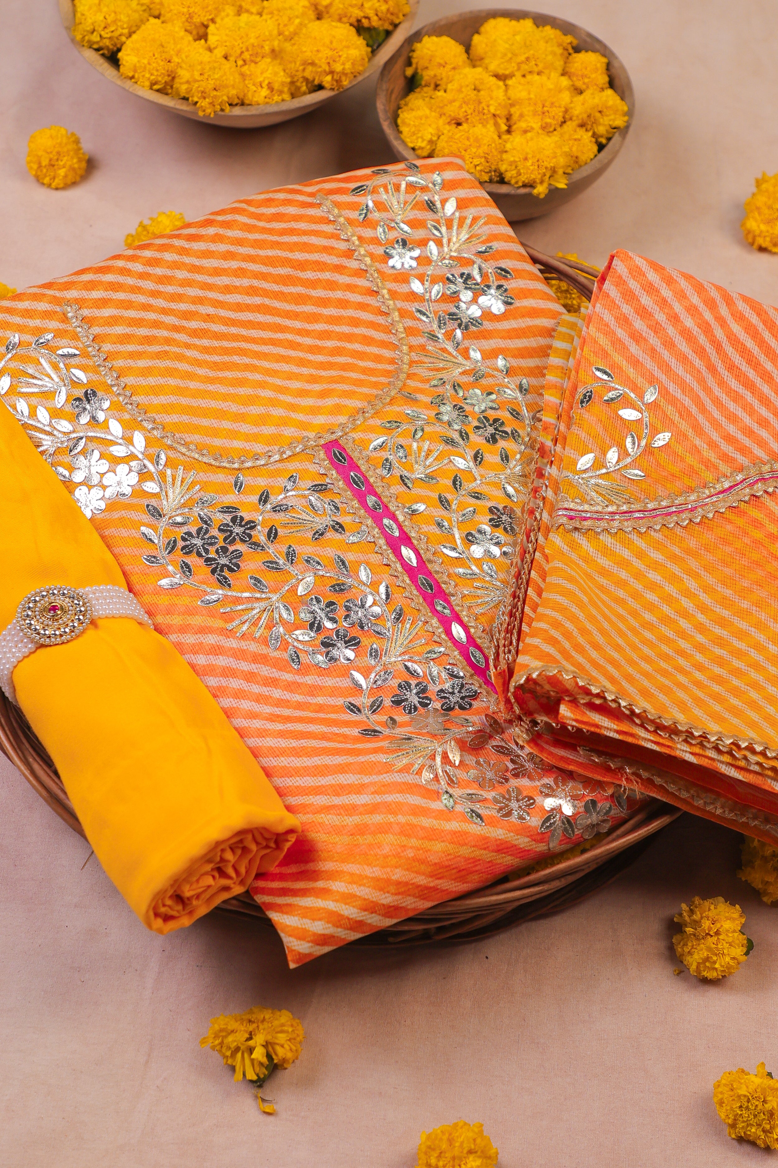 Marigold Glow Unstitched Suit Set in Kota Doria with Golden Gota Patti Work
