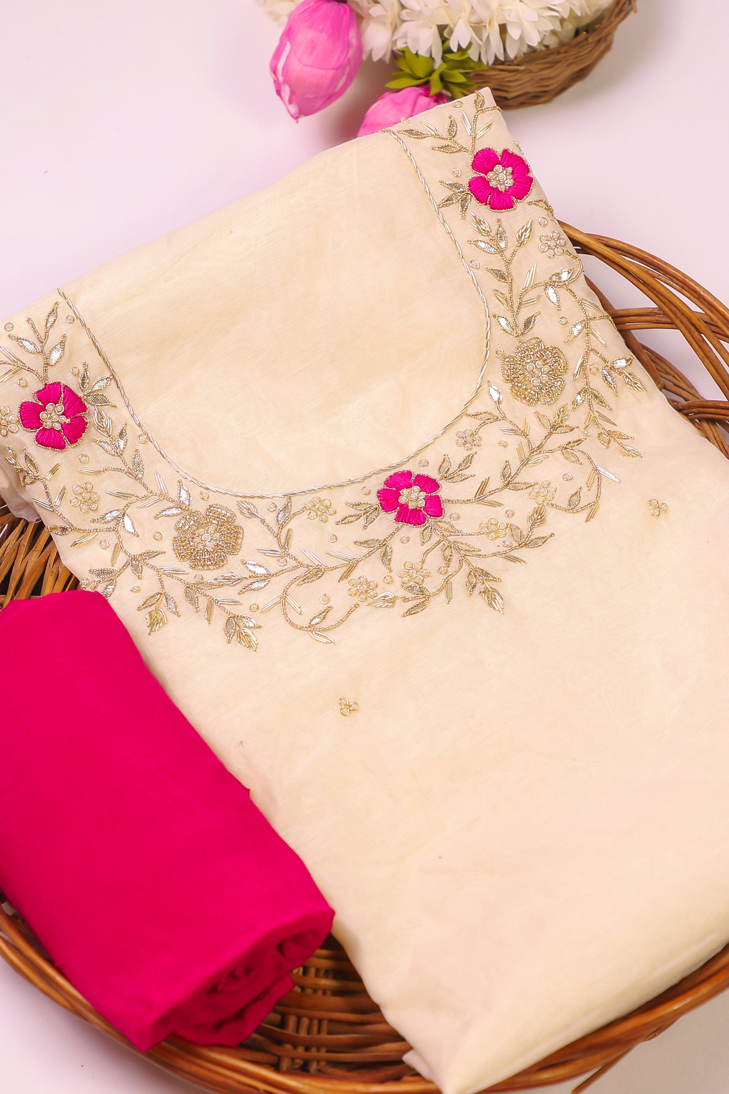 Off White and Rani Unstitch Suit with Thread and Heavy Gota Patti Work
