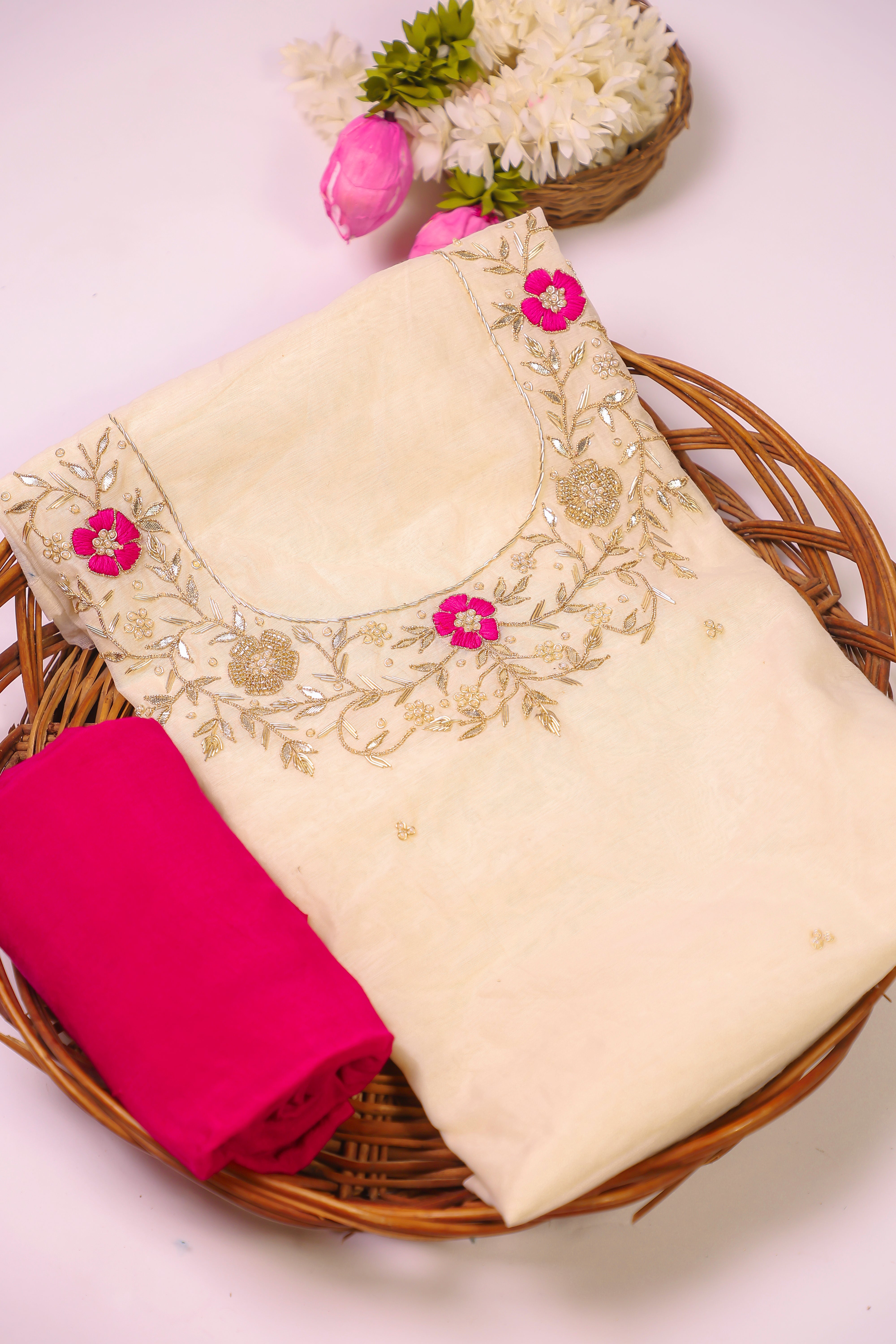 Off White and Rani Unstitch Suit with Thread and Heavy Gota Patti Work