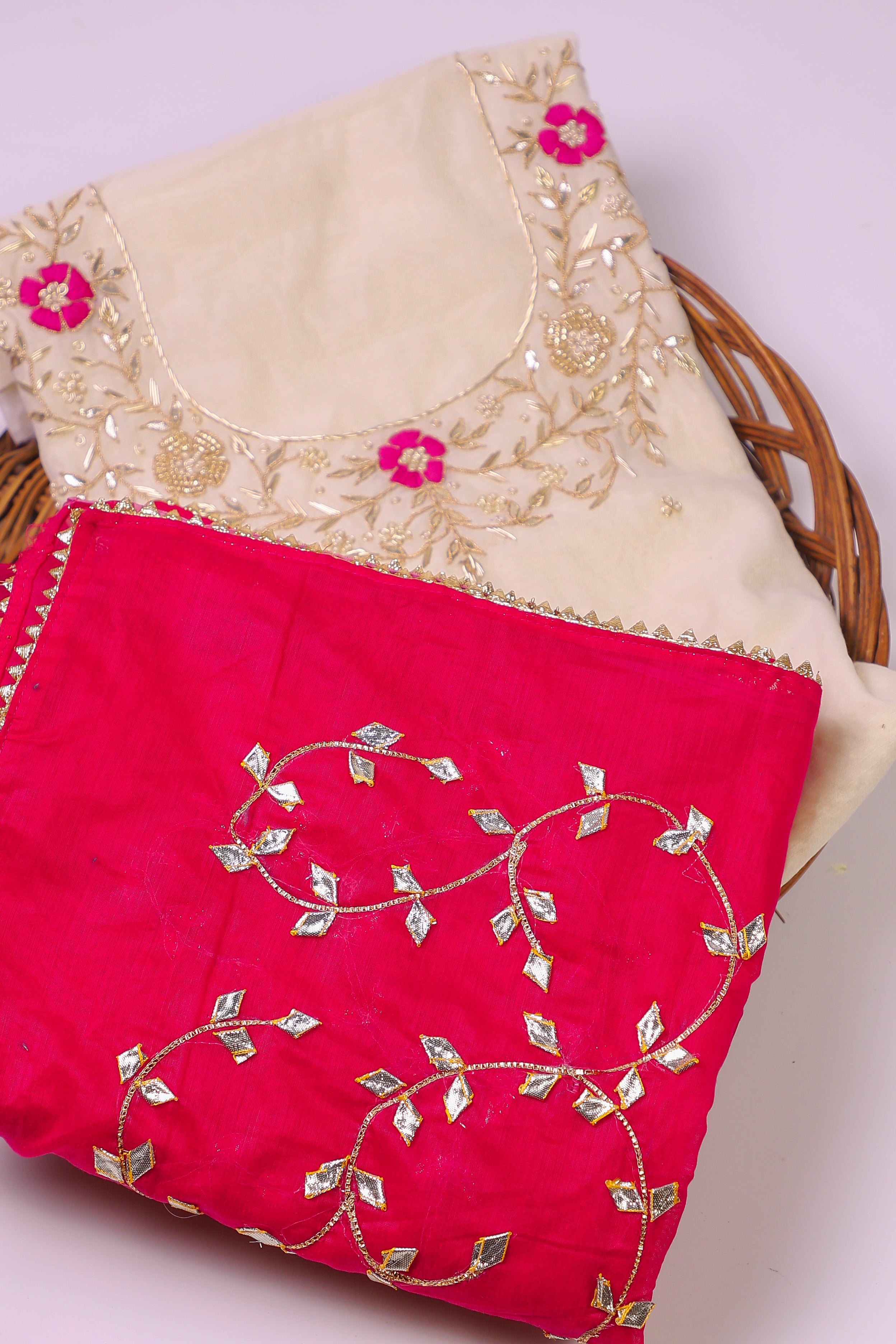 Off White and Rani Unstitch Suit with Thread and Heavy Gota Patti Work