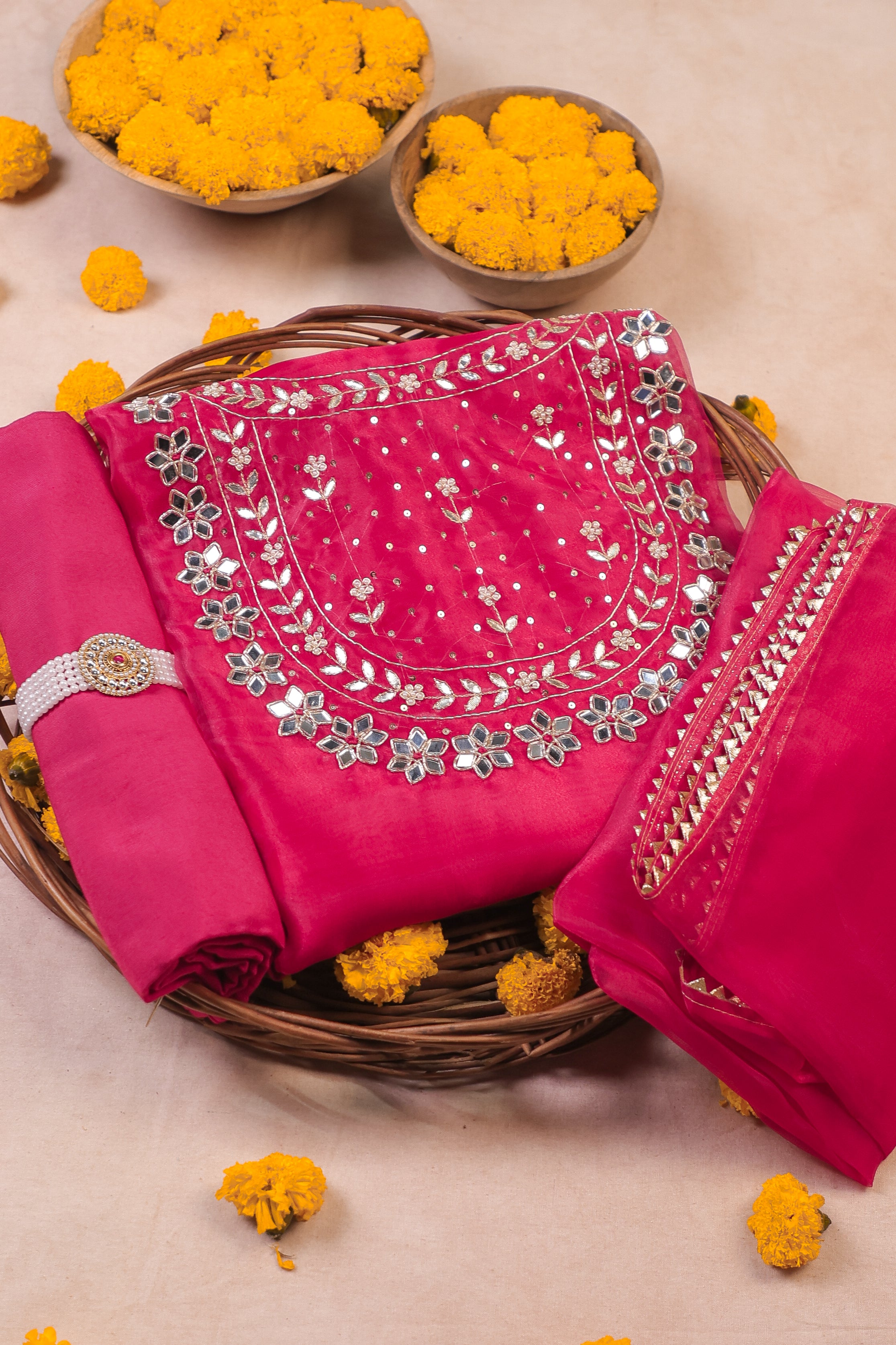 Imperial Fuchsia Elegance Unstitched Suit Set in Organza Tissue with Mirror & Pearl Embellishment