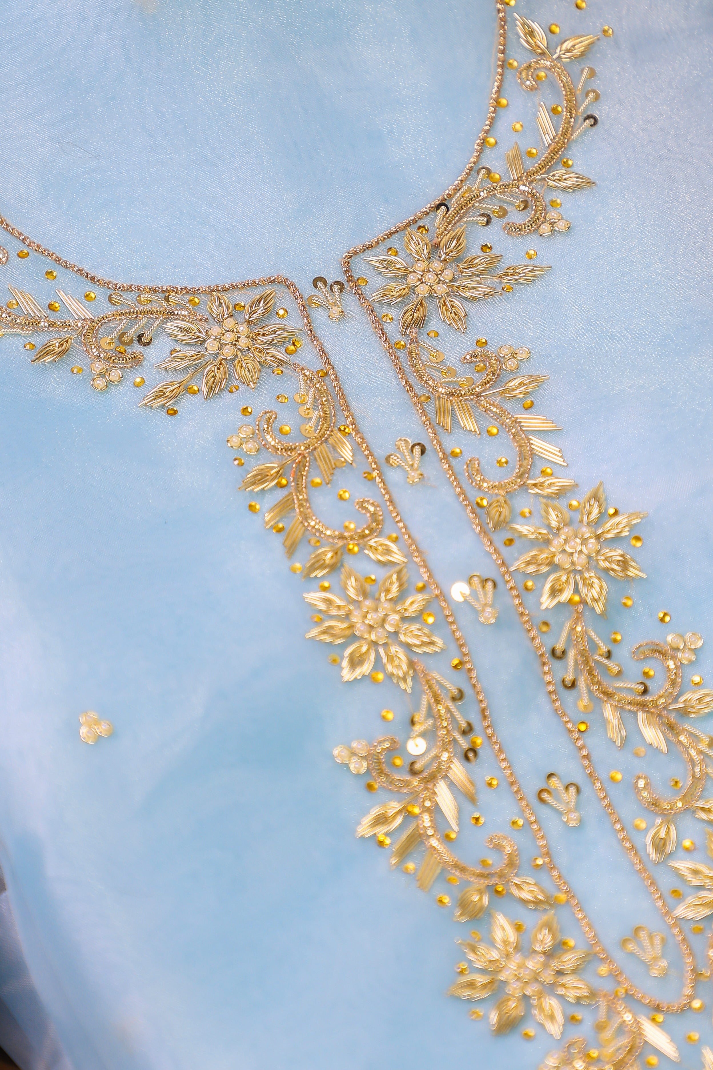 Sky Blue Unstitch Suit with Handcrafted Zardozi, Pearl, and Heavy Gota Patti Work