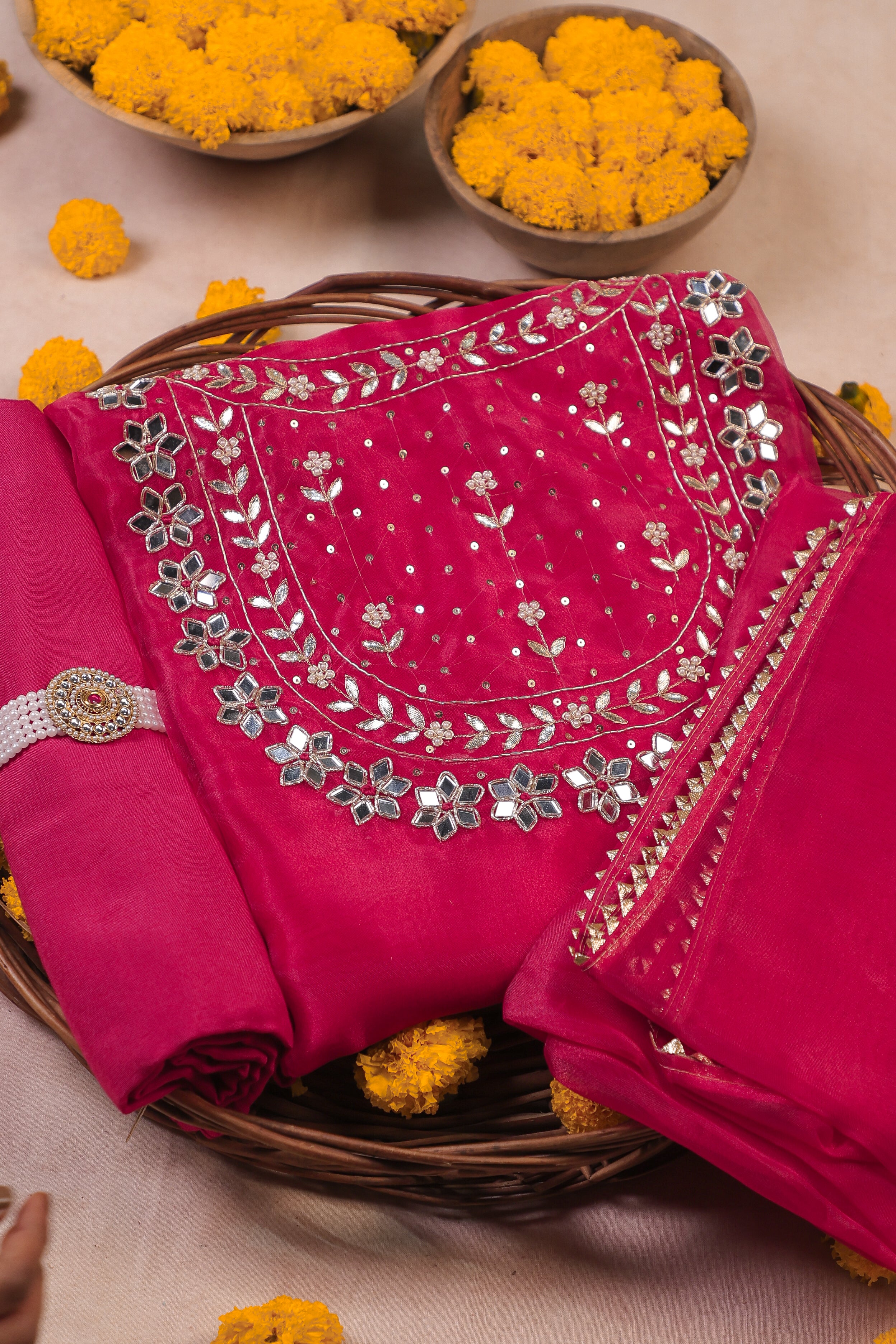 Imperial Fuchsia Elegance Unstitched Suit Set in Organza Tissue with Mirror & Pearl Embellishment