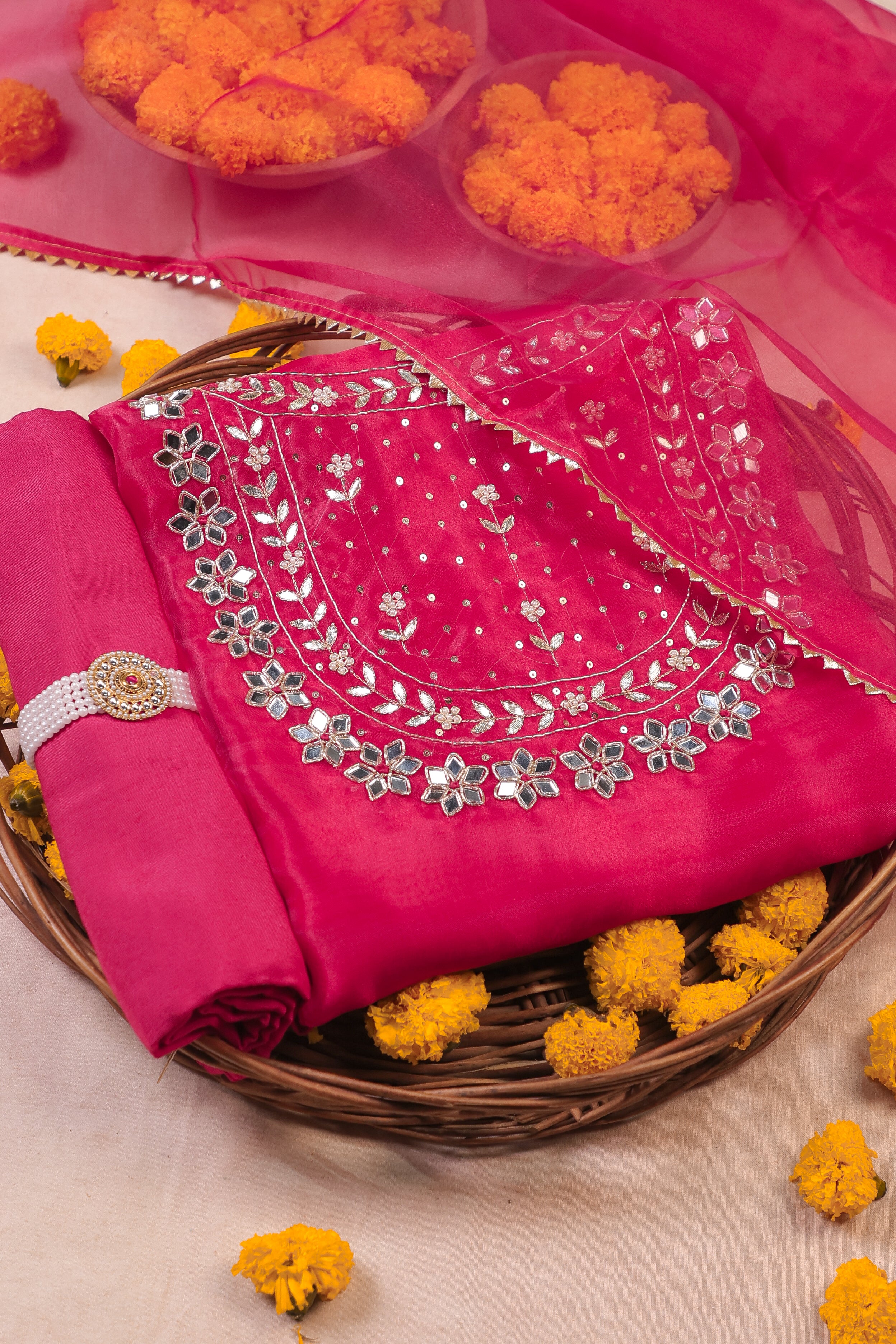 Imperial Fuchsia Elegance Unstitched Suit Set in Organza Tissue with Mirror & Pearl Embellishment