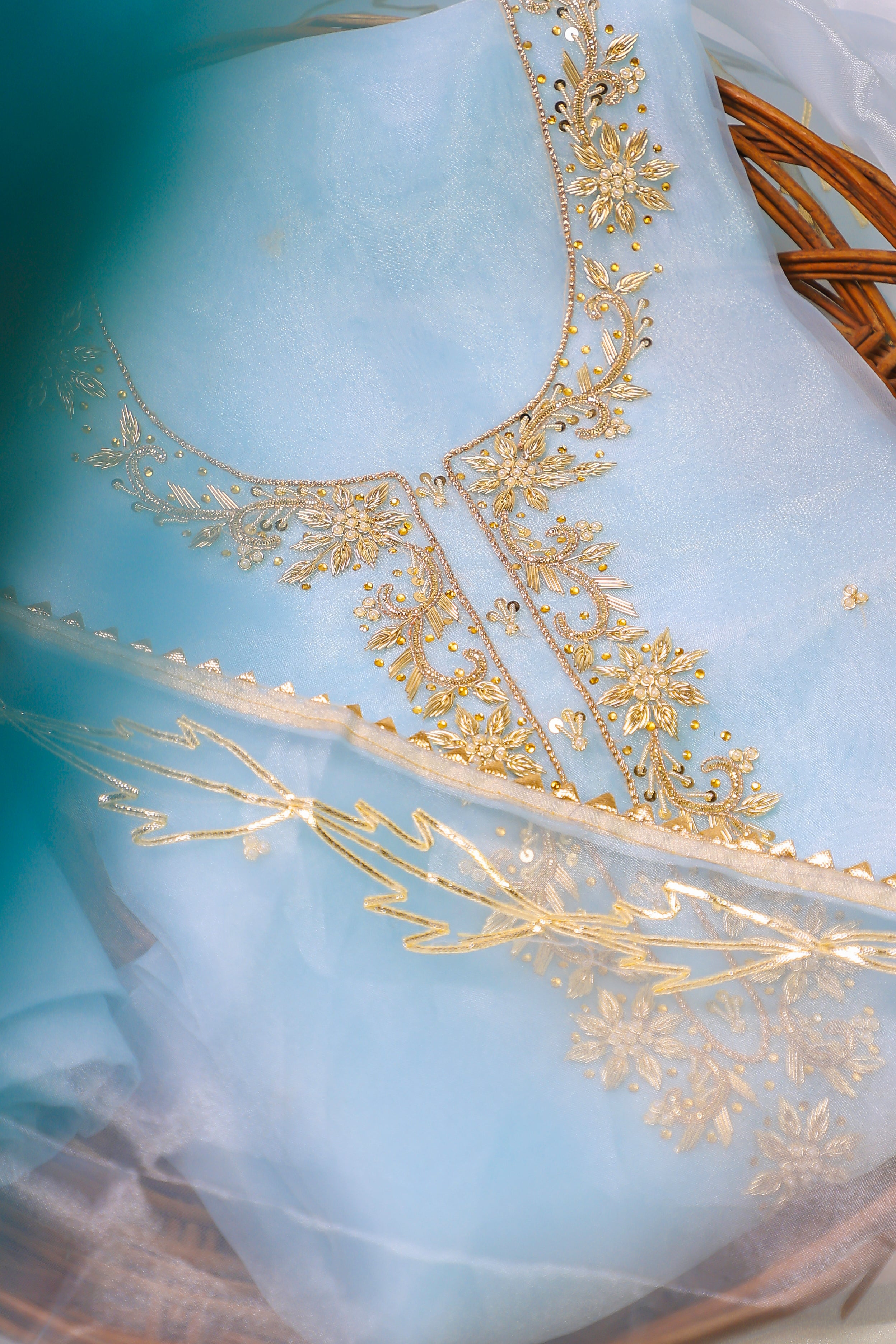 Sky Blue Unstitch Suit with Handcrafted Zardozi, Pearl, and Heavy Gota Patti Work