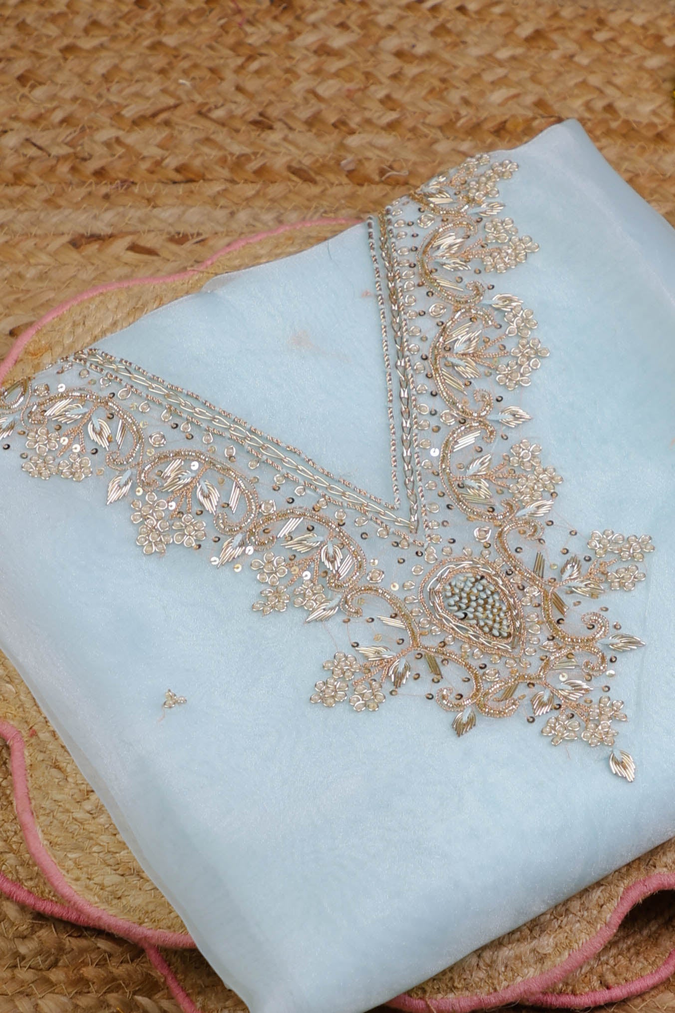 Sky Blue Unstitch Suit with V-Neck Zardozi and Pearl Work