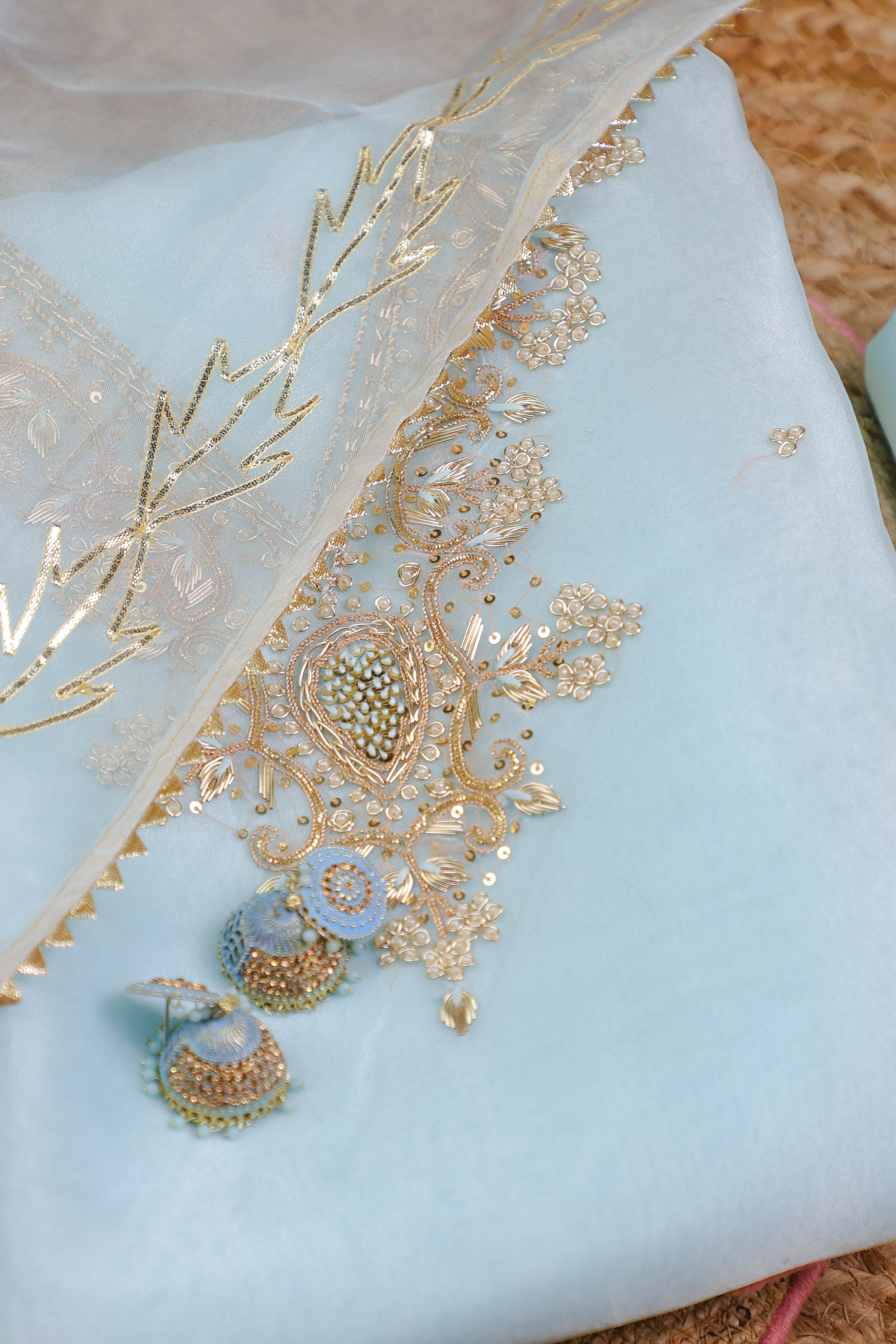 Sky Blue Unstitch Suit with V-Neck Zardozi and Pearl Work