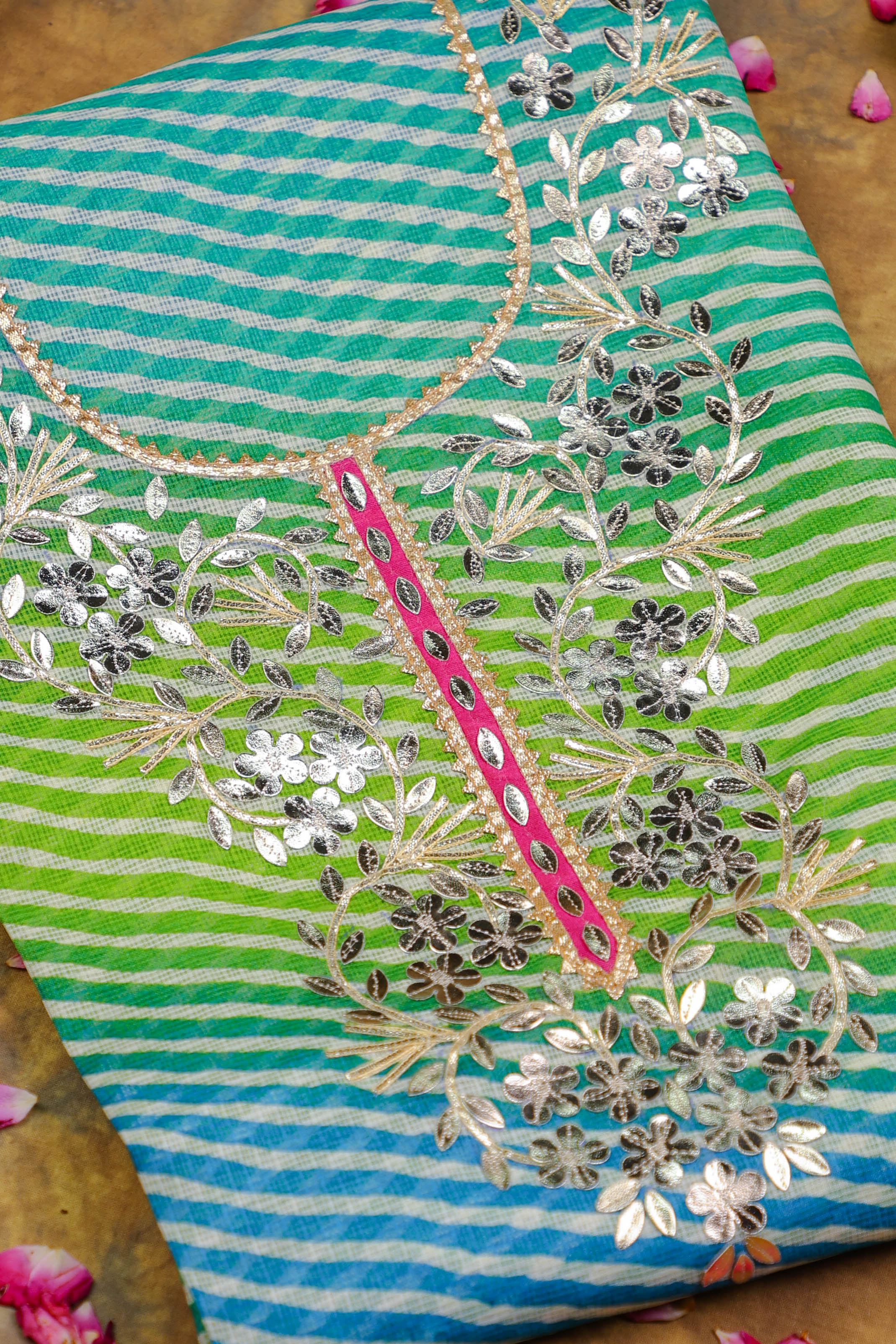 Blue-Green Lahariya Grace Unstitched Kota Doria Suit Set with Gota Patti Detailing