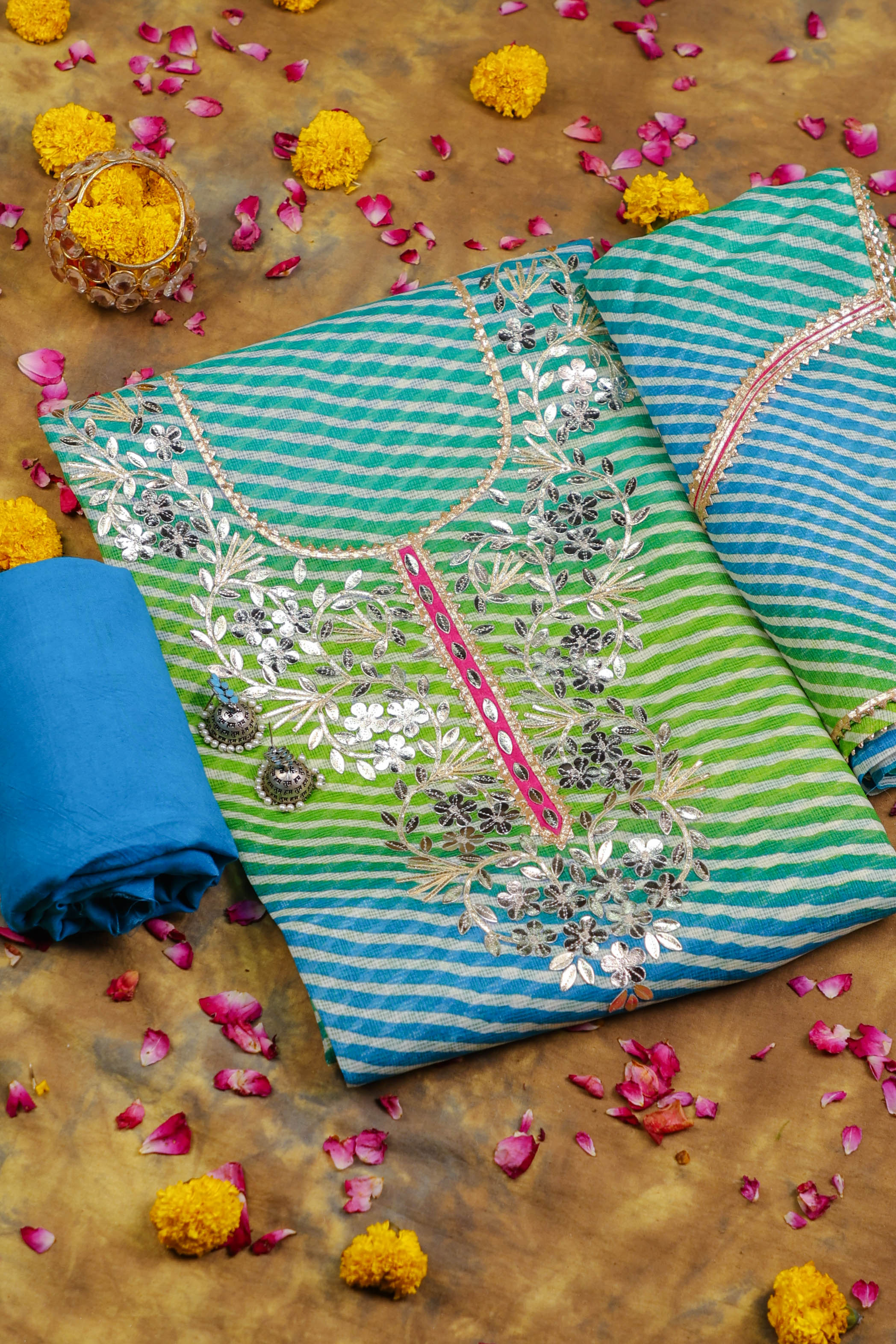 Blue-Green Lahariya Grace Unstitched Kota Doria Suit Set with Gota Patti Detailing