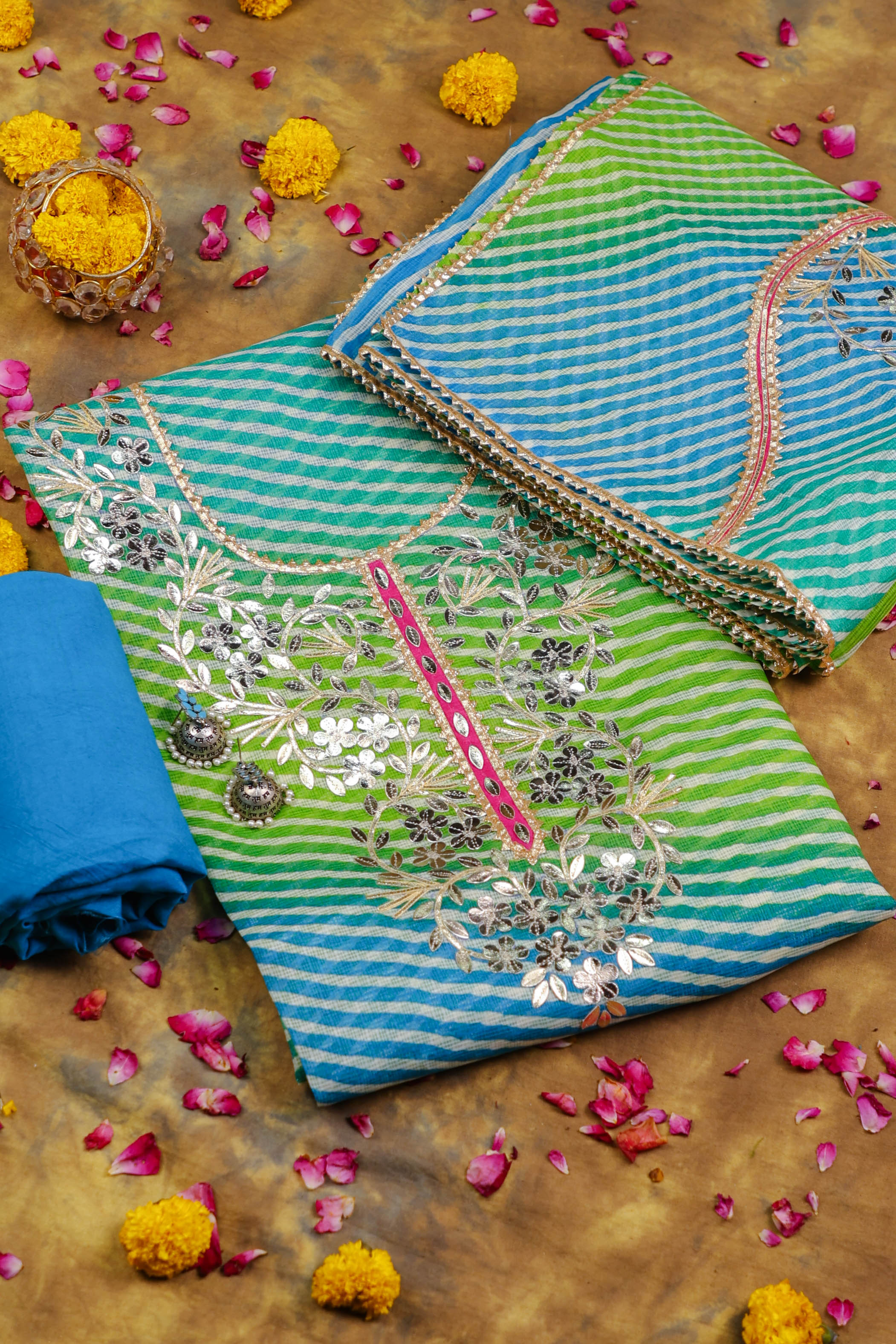 Blue-Green Lahariya Grace Unstitched Kota Doria Suit Set with Gota Patti Detailing