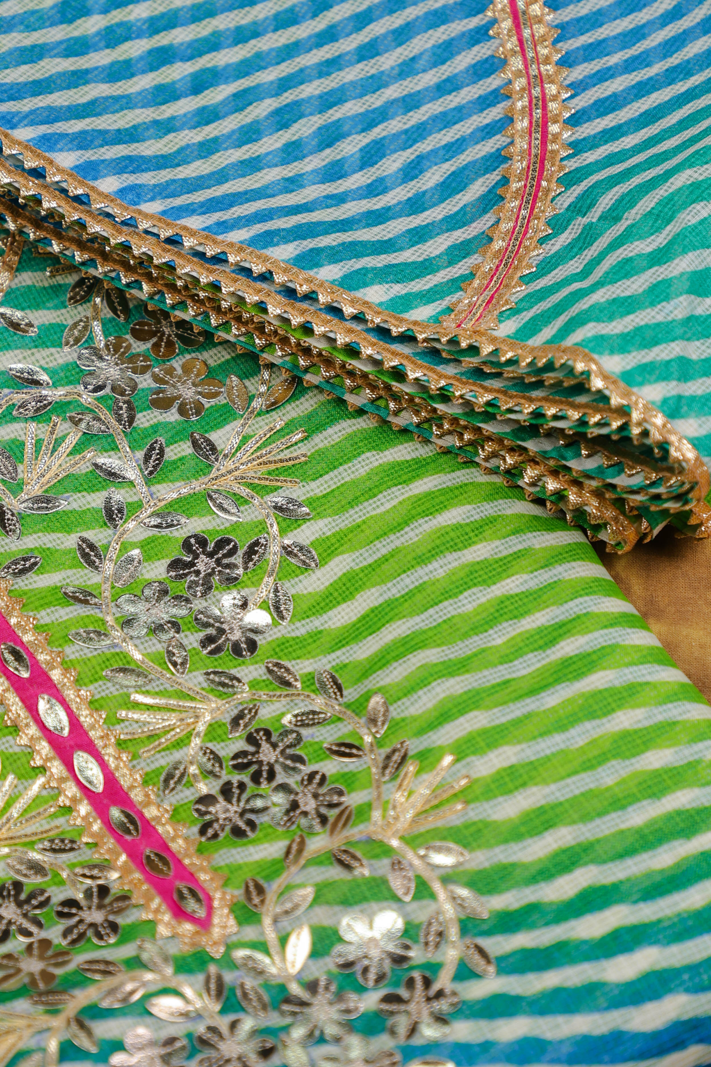 Blue-Green Lahariya Grace Unstitched Kota Doria Suit Set with Gota Patti Detailing