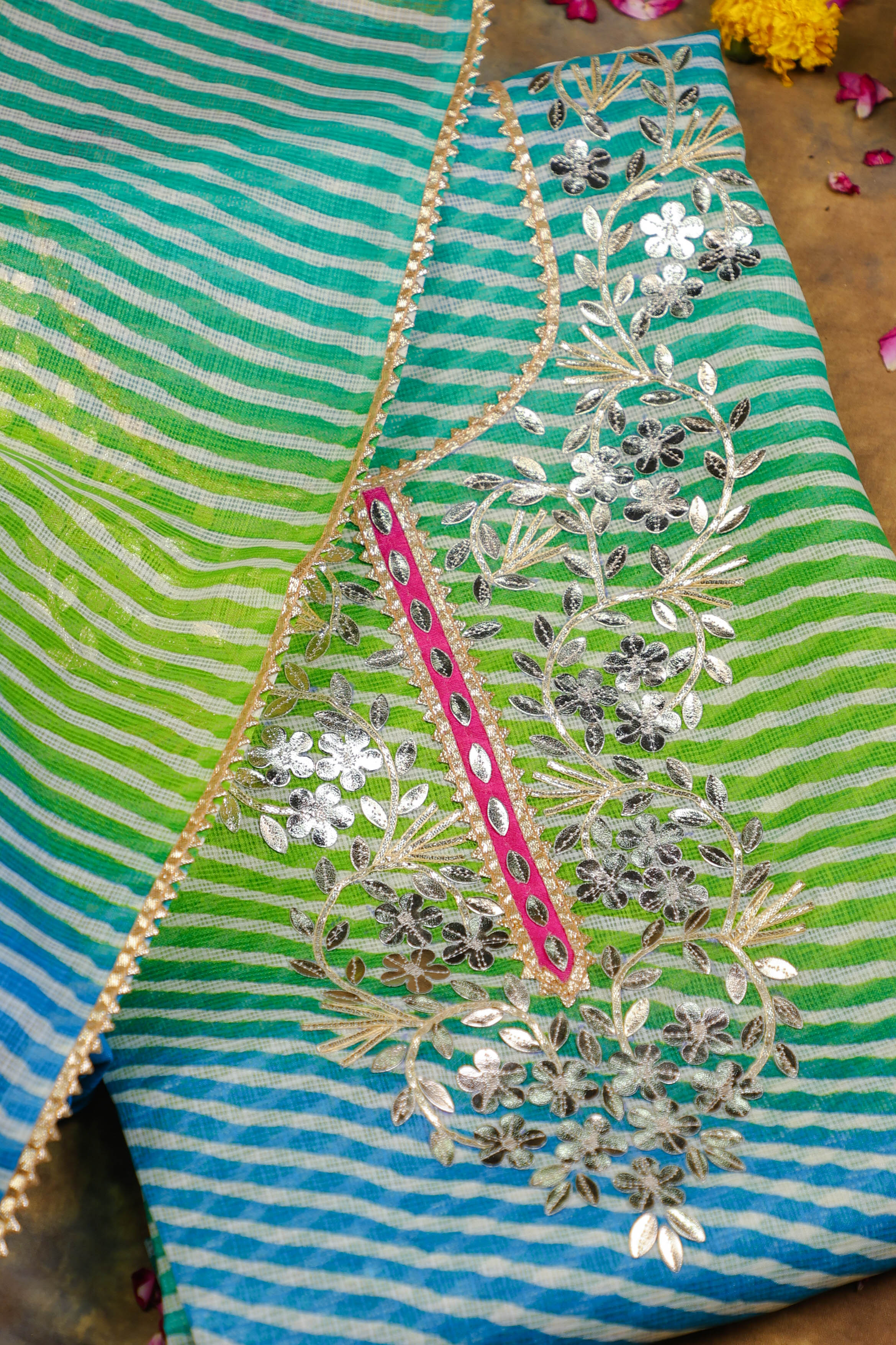 Blue-Green Lahariya Grace Unstitched Kota Doria Suit Set with Gota Patti Detailing