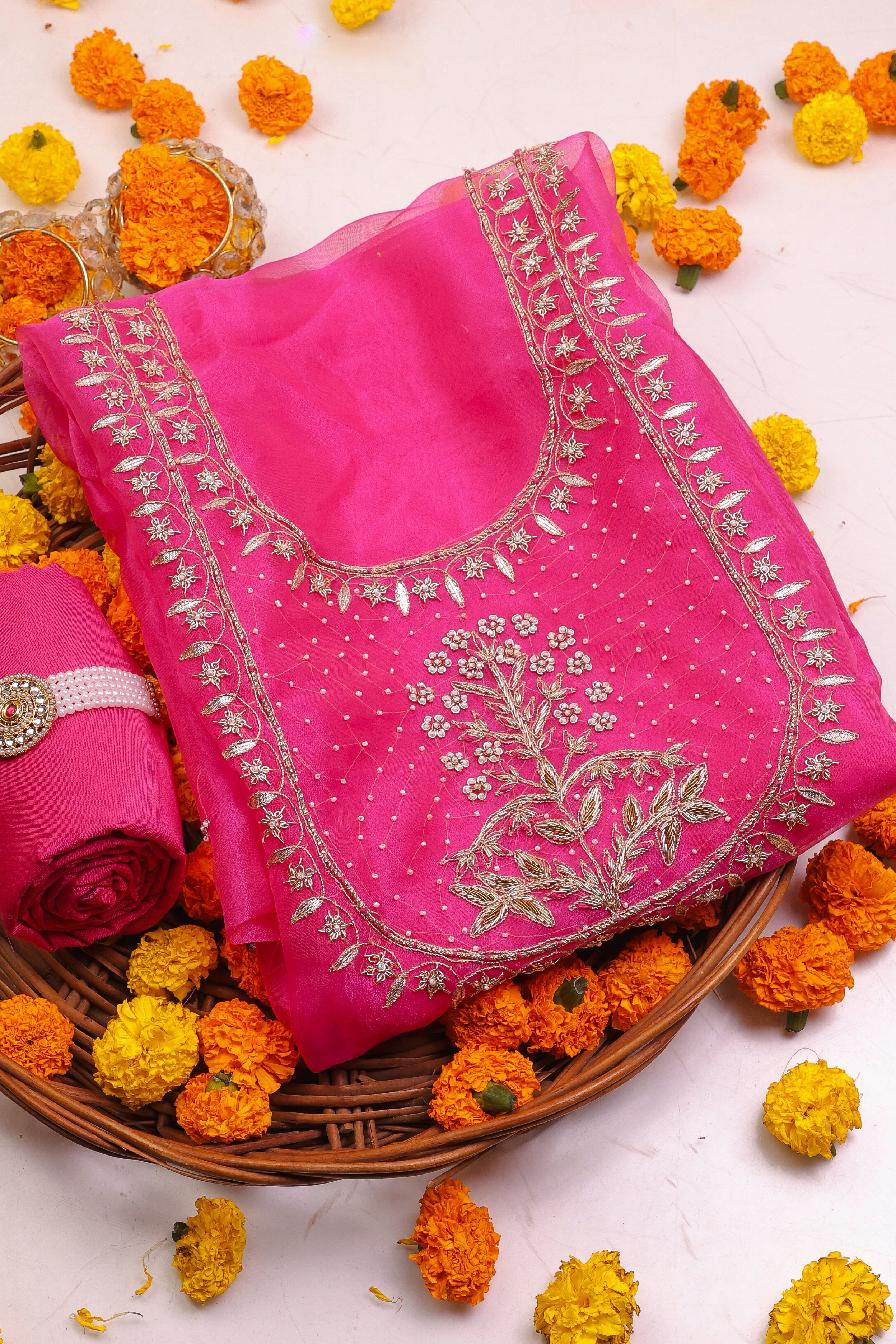 Hot Pink Unstitch Suit with Handcrafted Zardozi and Pearl Work