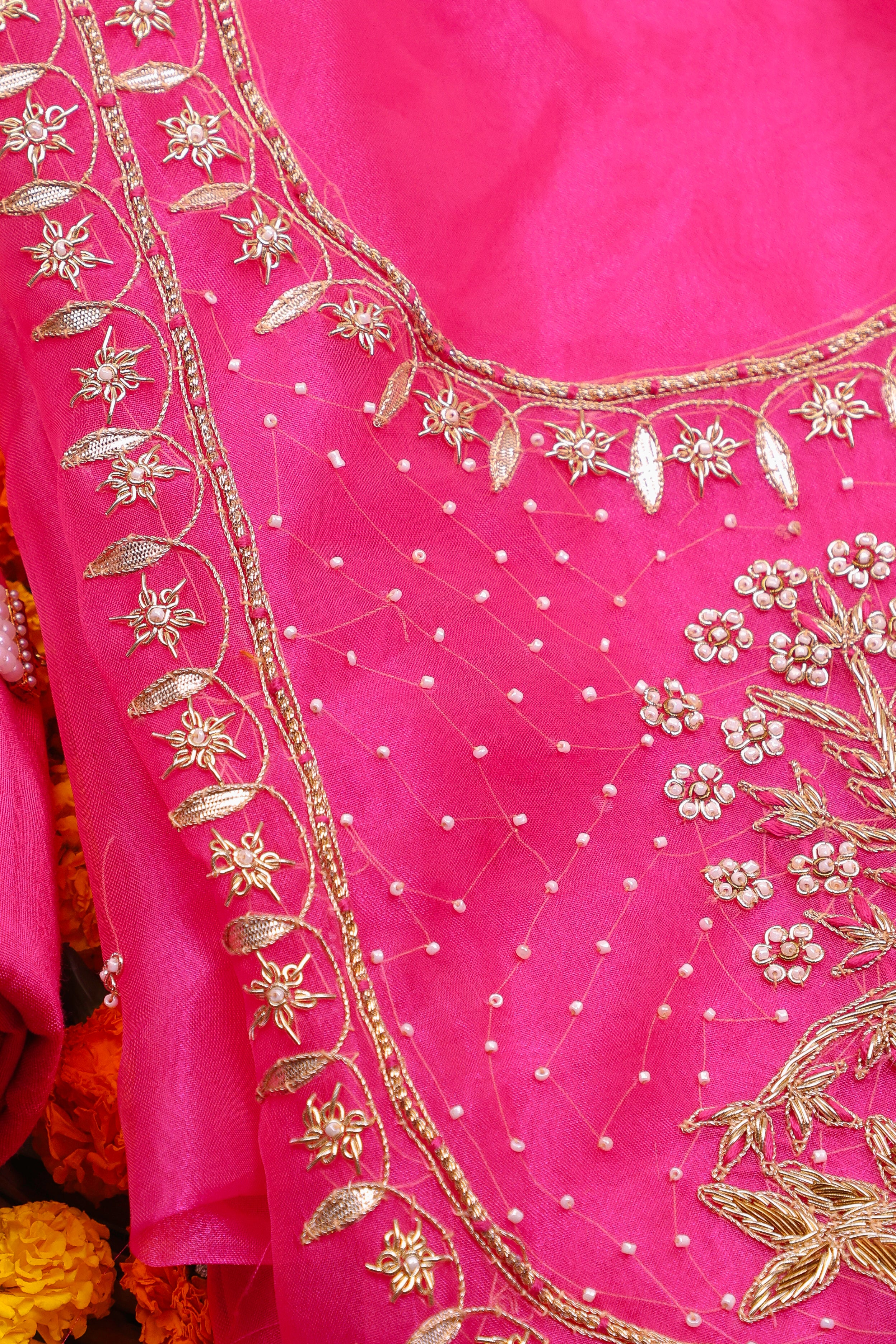 Hot Pink Unstitch Suit with Handcrafted Zardozi and Pearl Work
