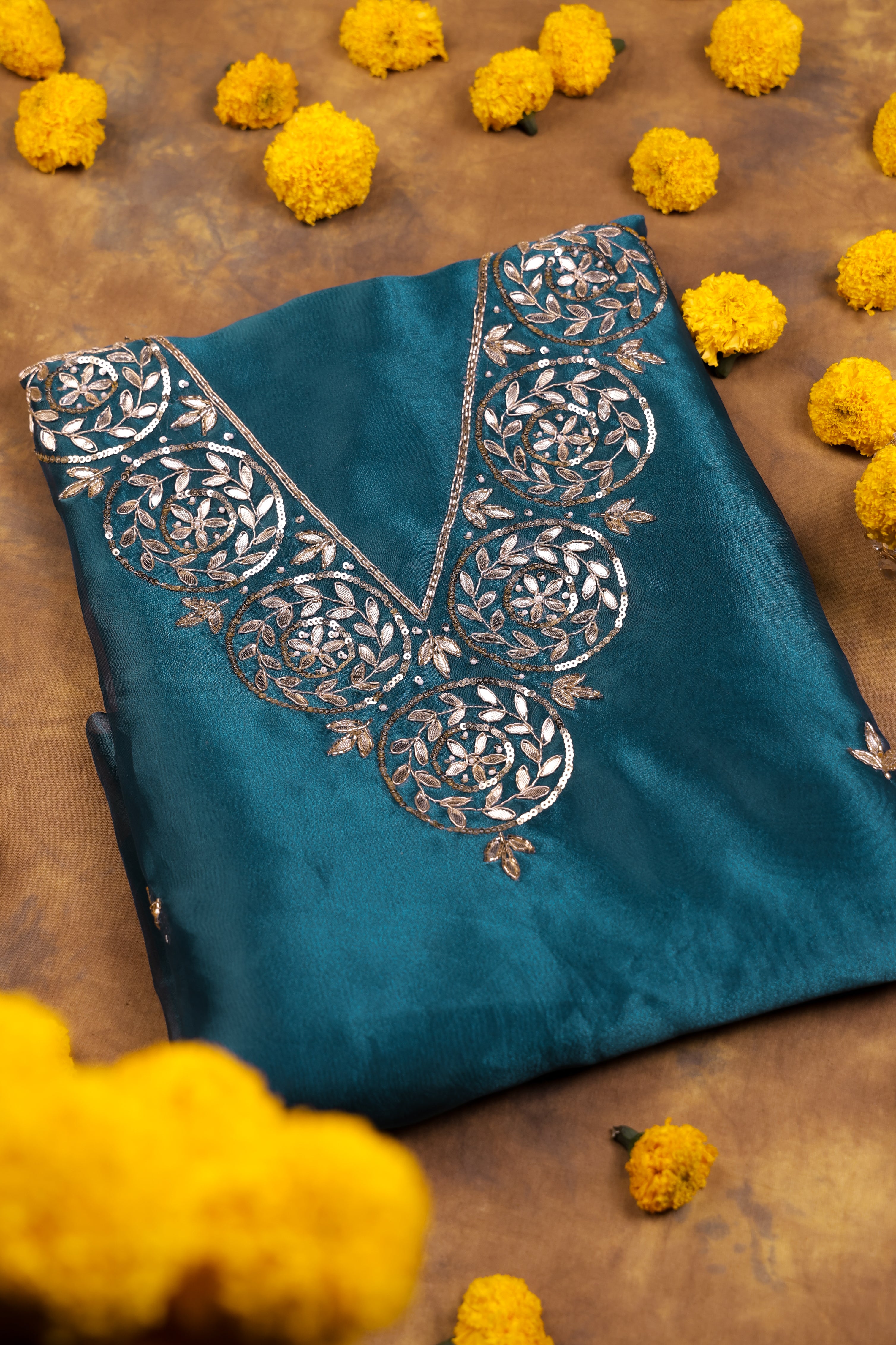 Stormy Teal Unstitch Suit with V-Neck Gota Patti Work and Lace Dupatta
