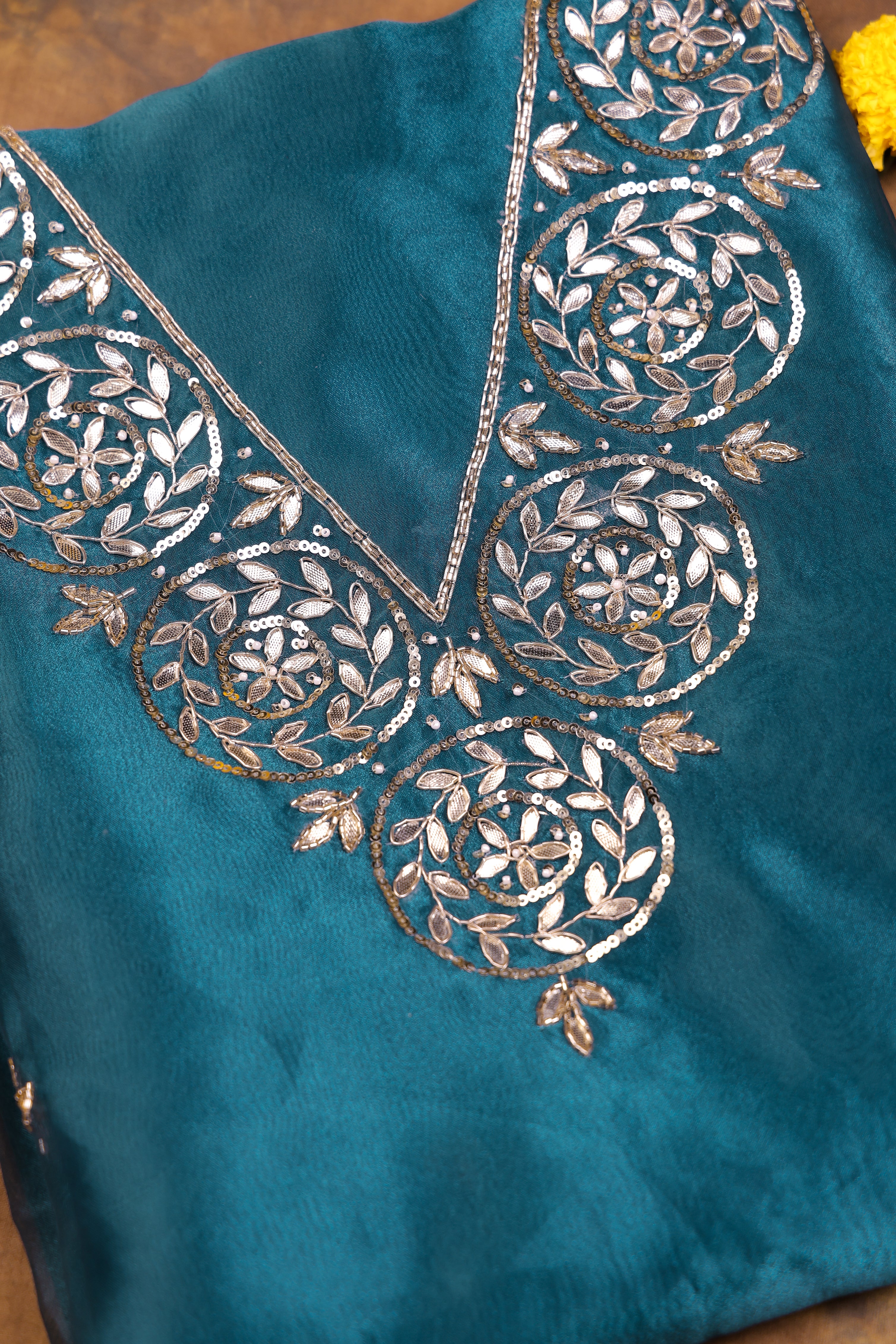 Stormy Teal Unstitch Suit with V-Neck Gota Patti Work and Lace Dupatta