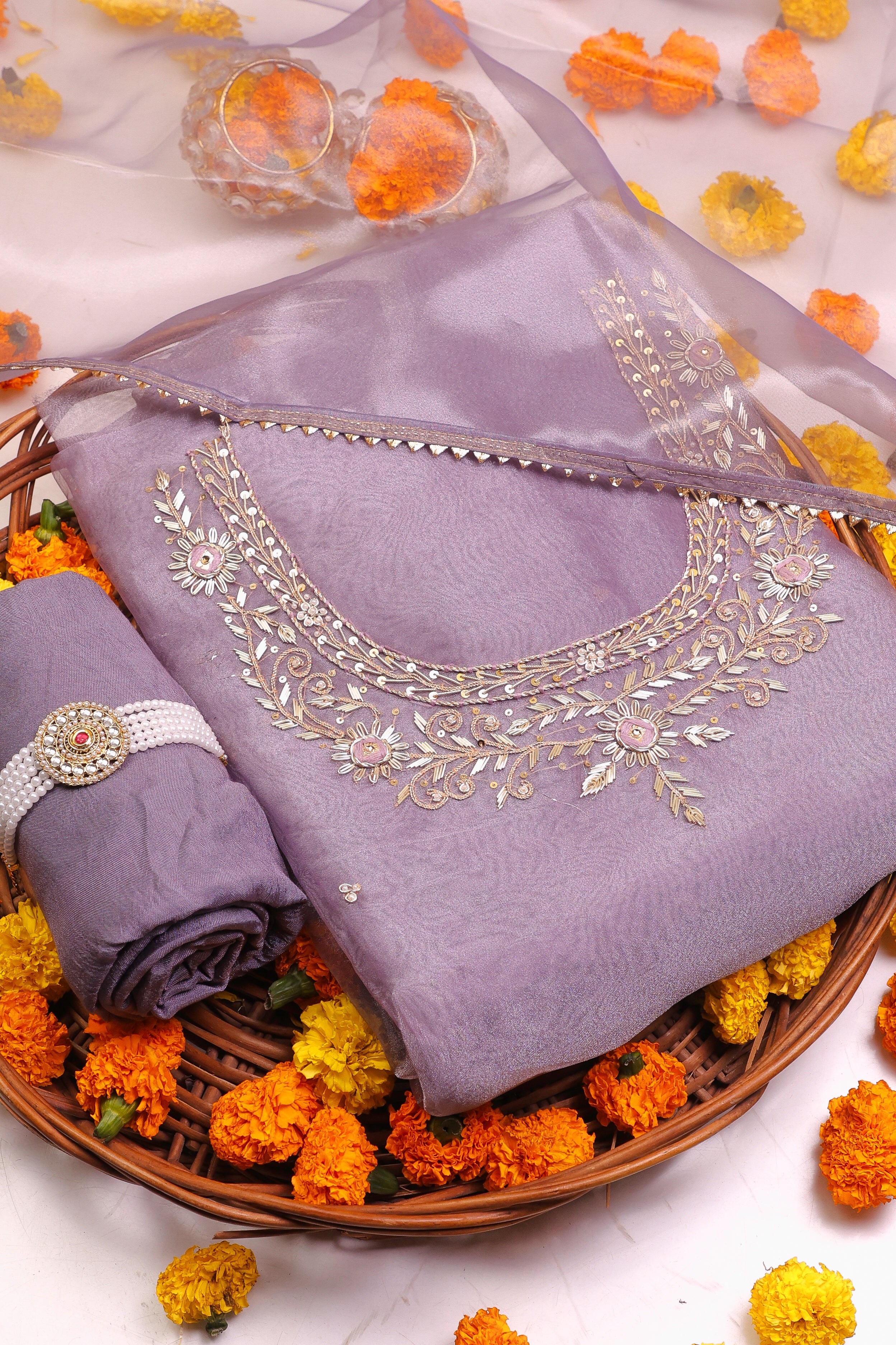 Lavender Unstitch Suit with Handcrafted Zardosi and Thread Work