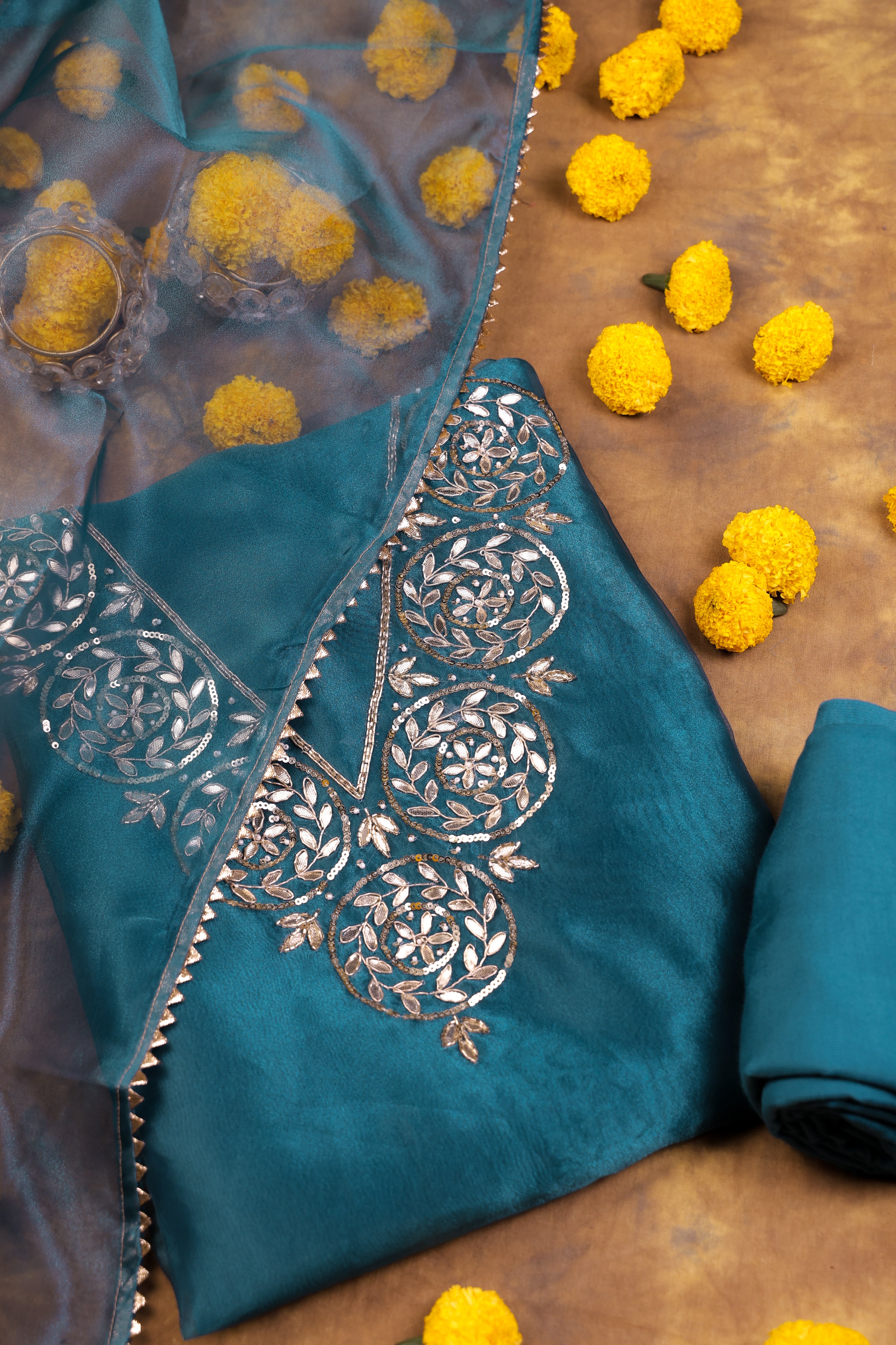 Stormy Teal Unstitch Suit with V-Neck Gota Patti Work and Lace Dupatta