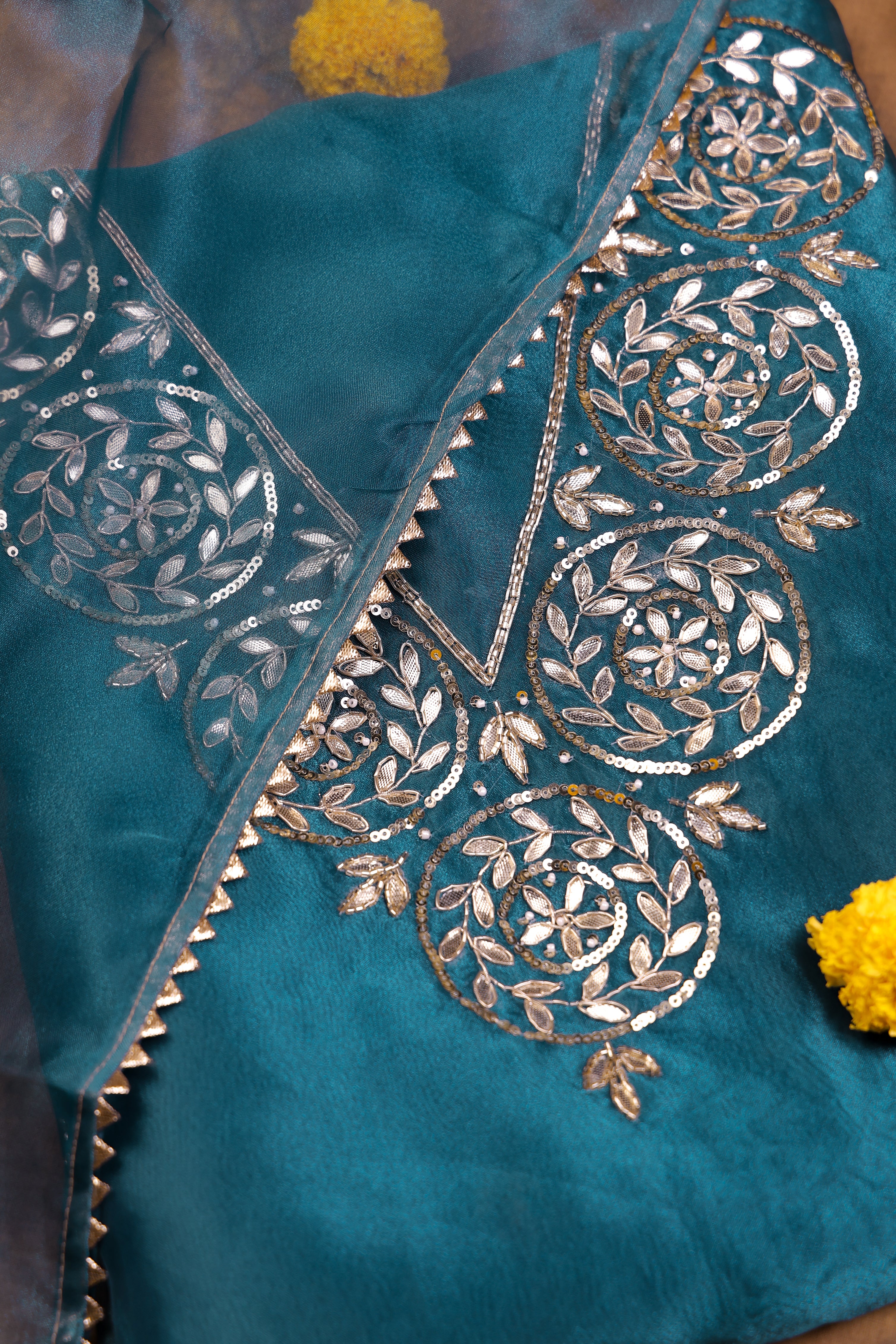 Stormy Teal Unstitch Suit with V-Neck Gota Patti Work and Lace Dupatta