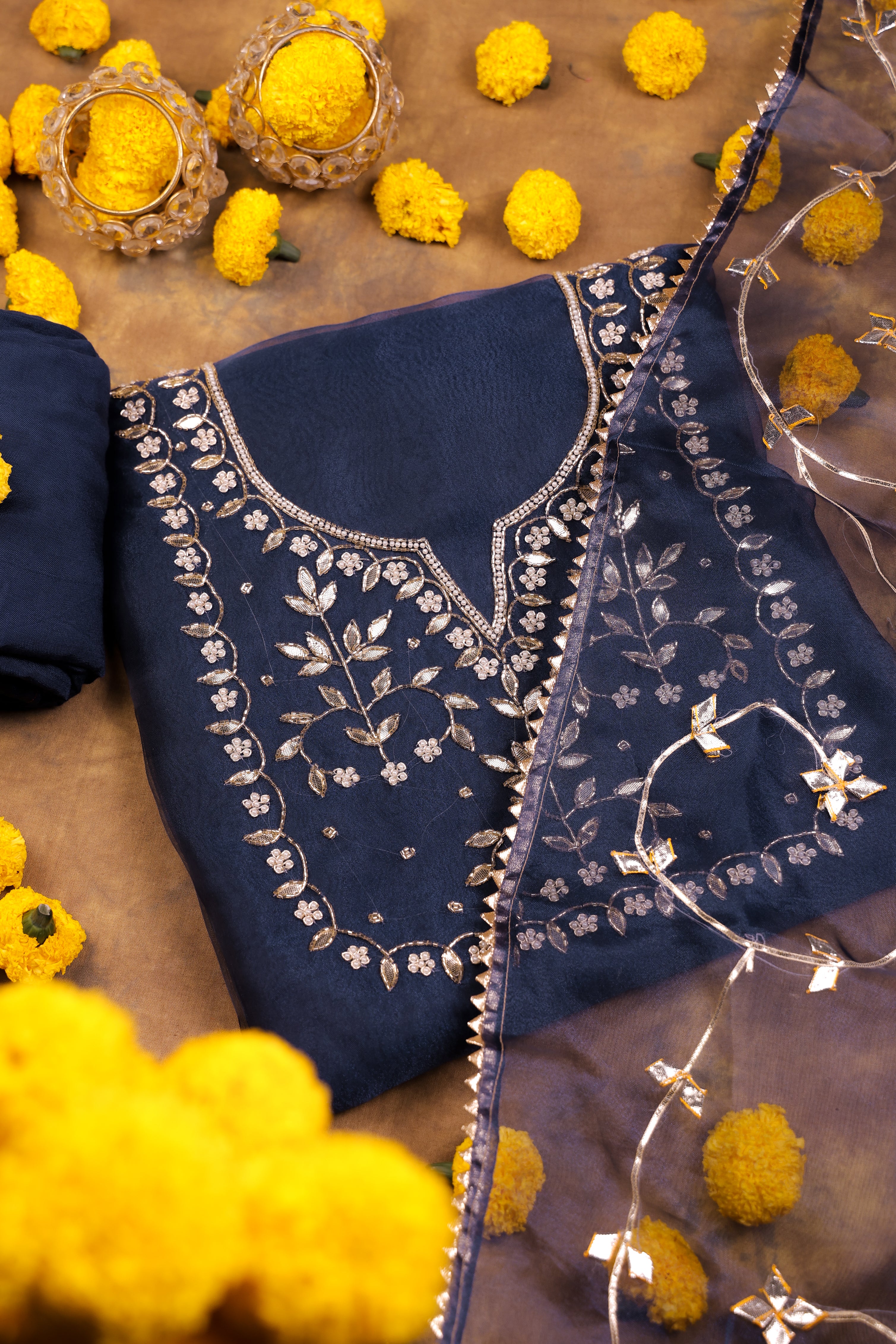 Deep Smoky Blue Unstitch Suit with Handcrafted Heavy Gota Patti and Pearl Work