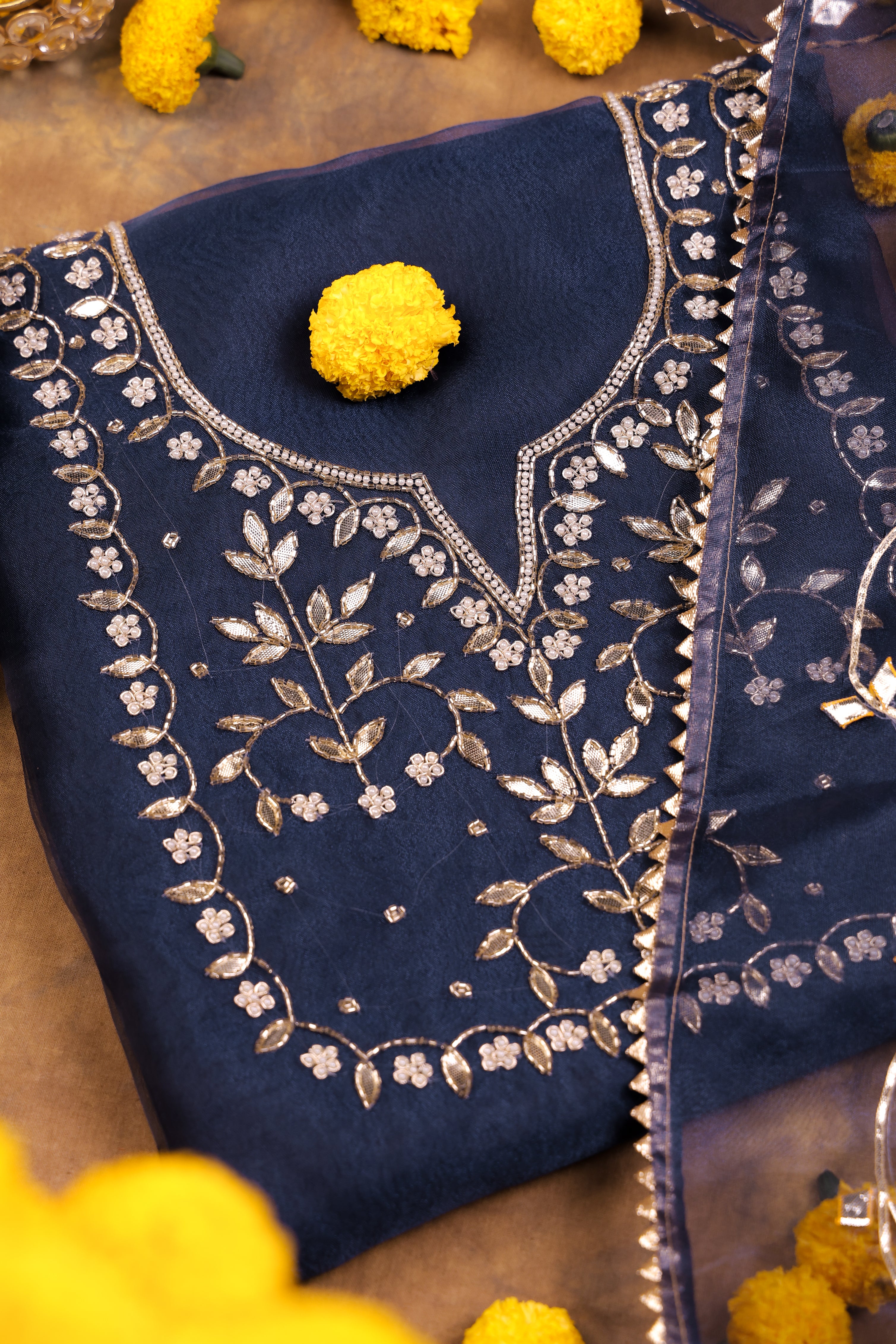 Deep Smoky Blue Unstitch Suit with Handcrafted Heavy Gota Patti and Pearl Work