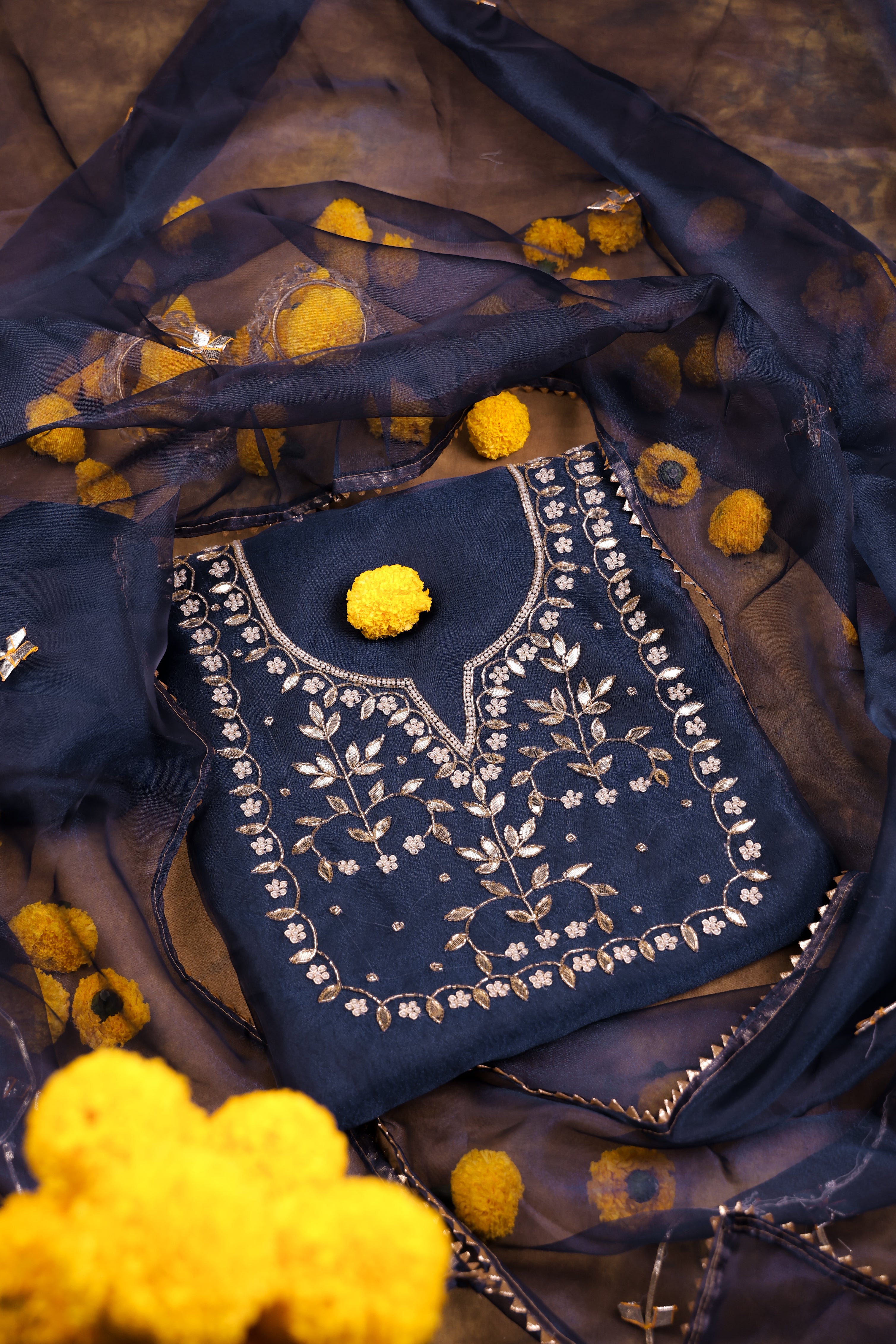 Deep Smoky Blue Unstitch Suit with Handcrafted Heavy Gota Patti and Pearl Work