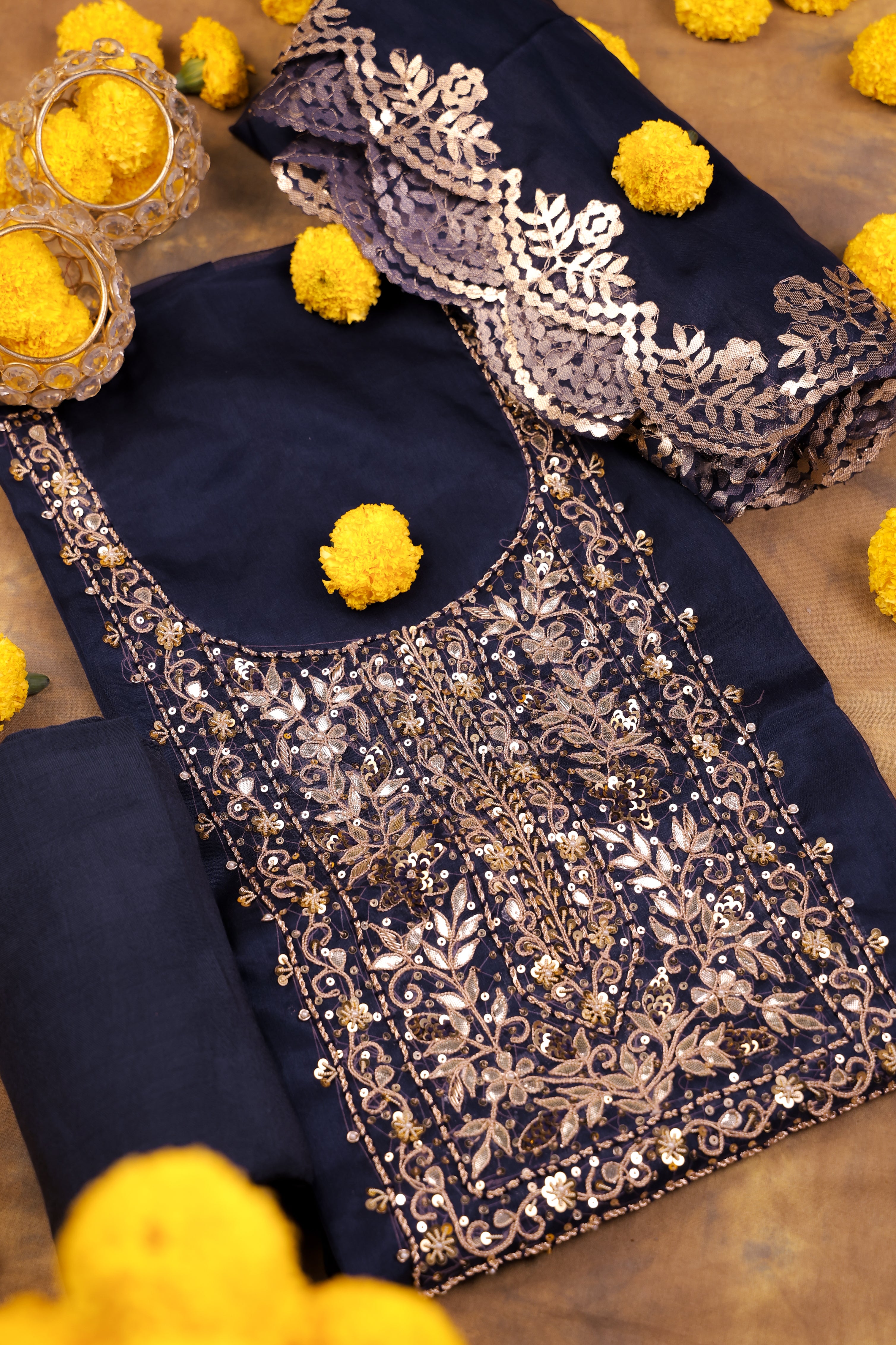 Navy Blue Unstitch Suit with Handcrafted Zardozi and Gota Patti Work