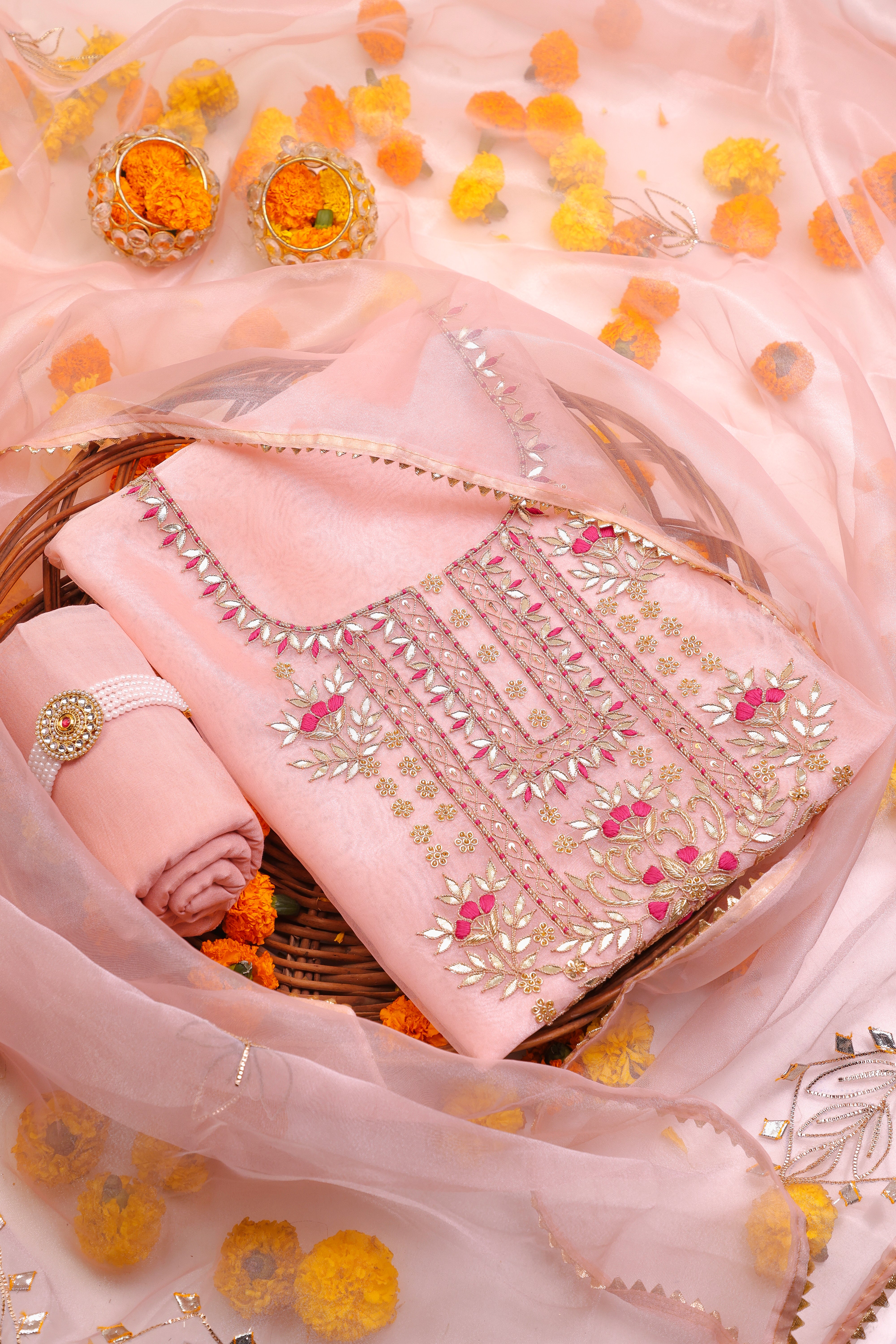 Peach Unstitch Suit with Handcrafted Heavy Gota Patti and Rani Thread Work