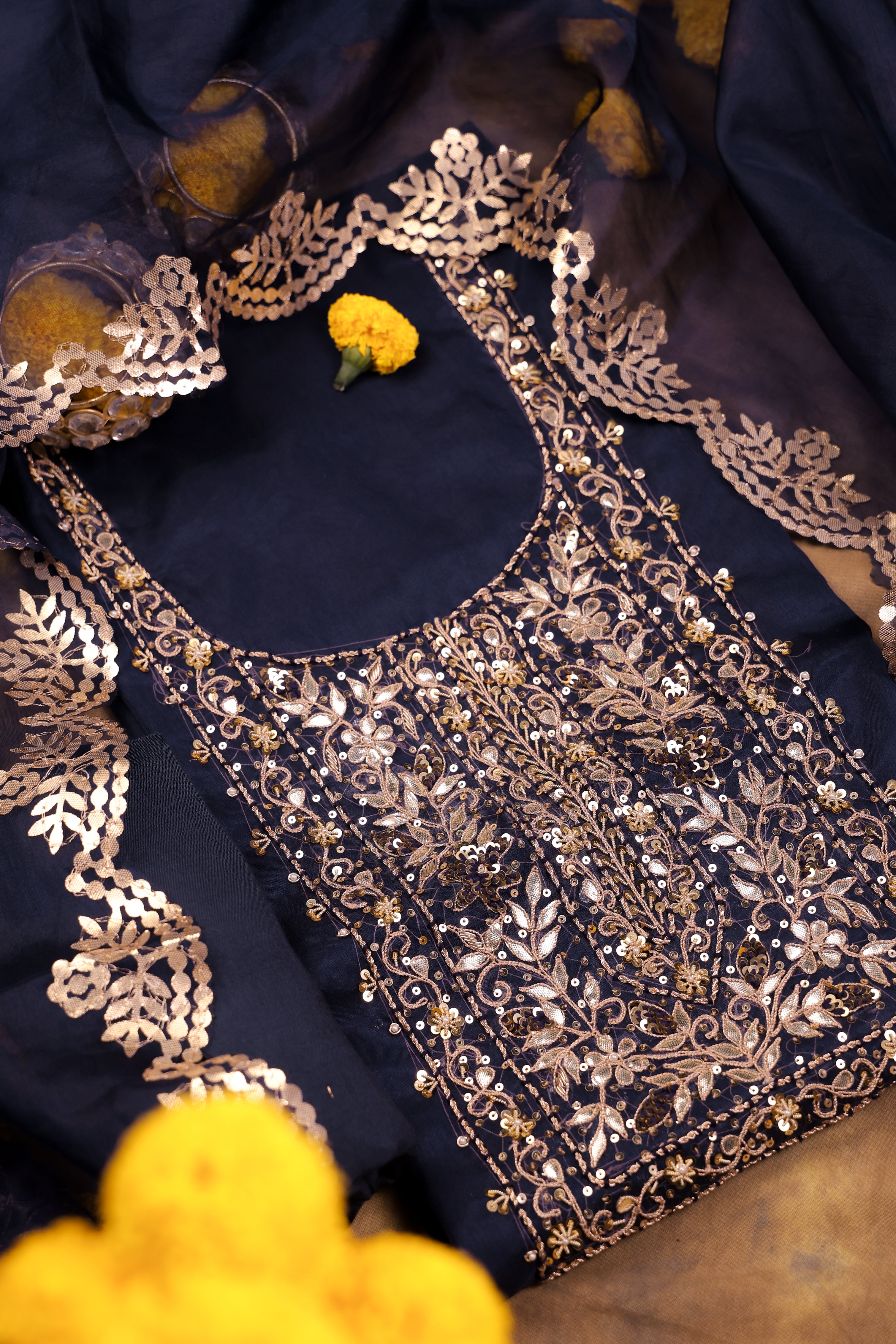 Navy Blue Unstitch Suit with Handcrafted Zardozi and Gota Patti Work