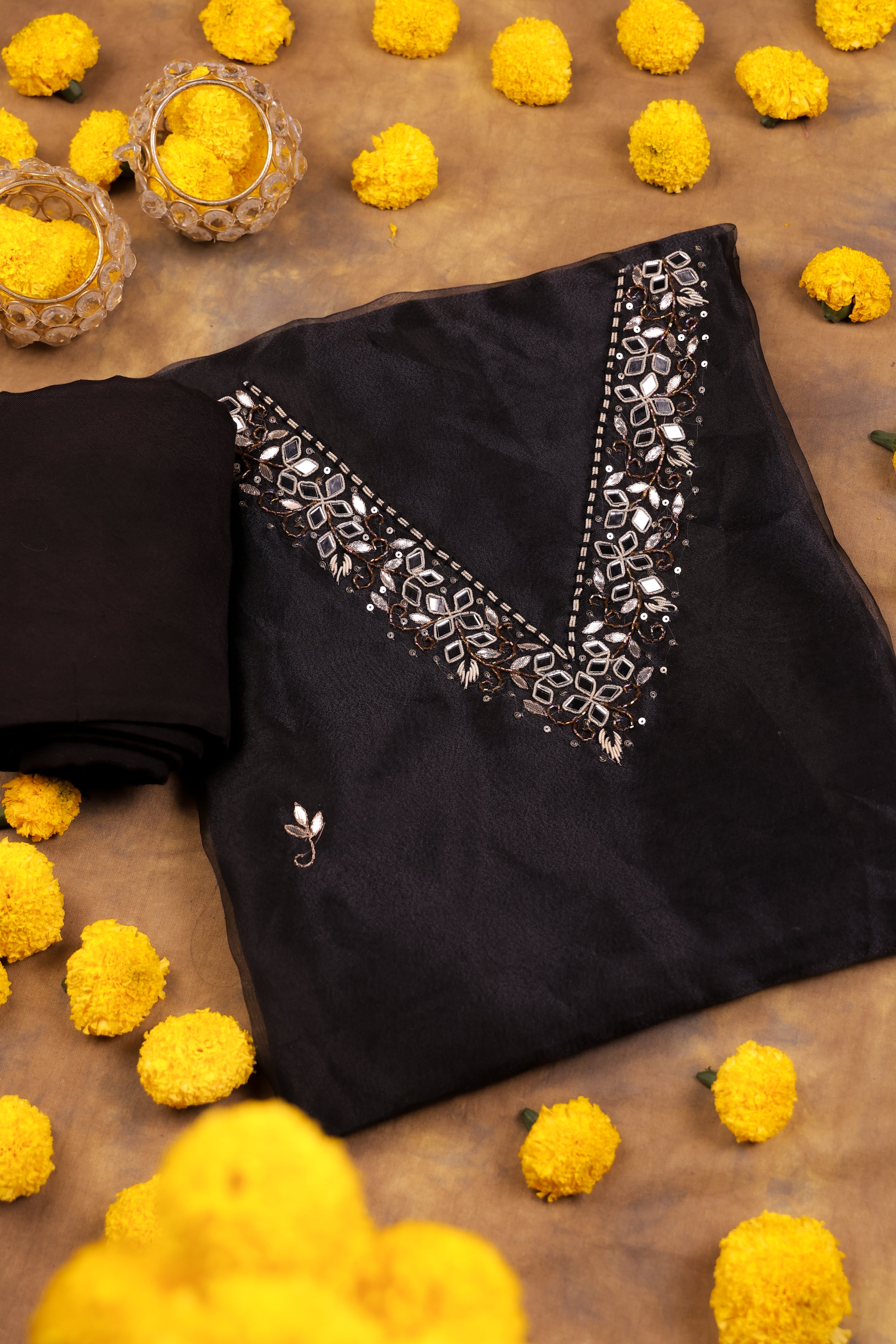 Midnight Black Unstitch Suit with V-Neck Artisanal Mirror Work and Gota Patti Lace Dupatta
