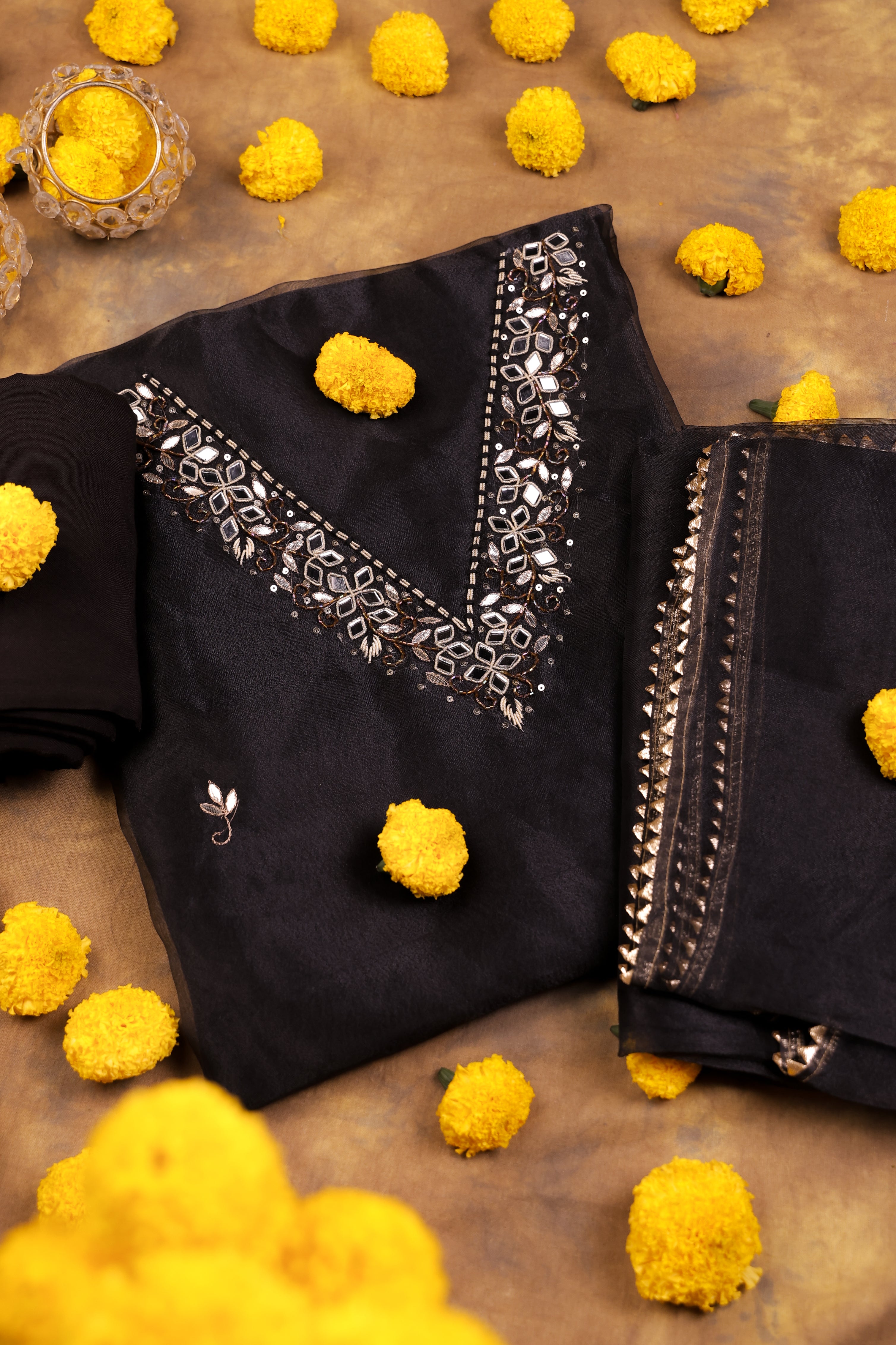 Midnight Black Unstitch Suit with V-Neck Artisanal Mirror Work and Gota Patti Lace Dupatta