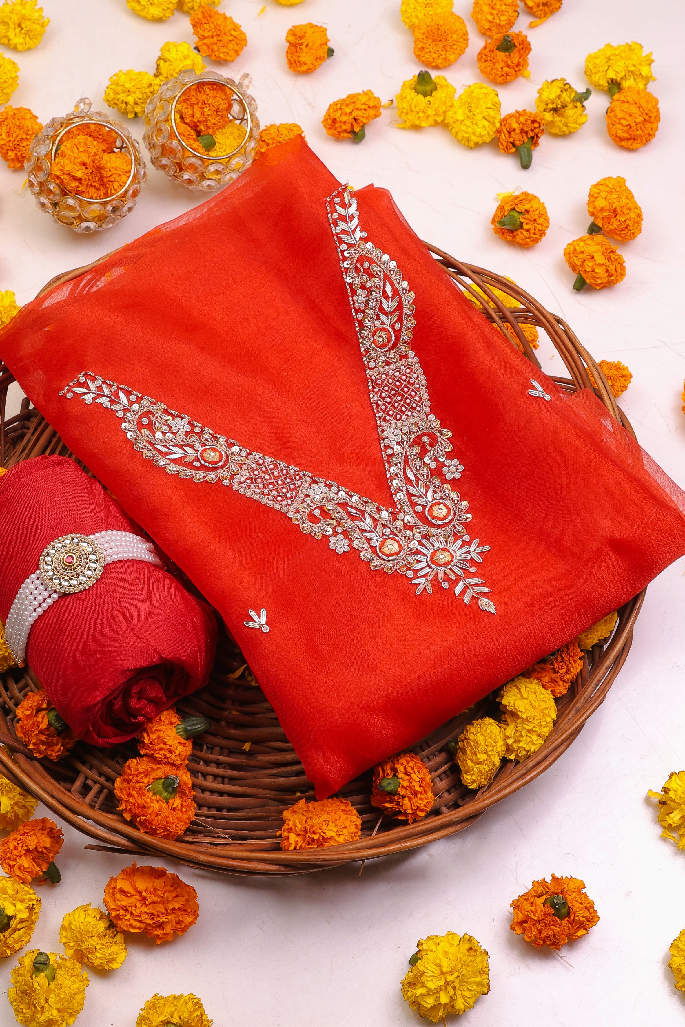 Crimson Red Unstitch Suit with V-Neck Handcrafted Zardozi and Patra Gota Patti Work