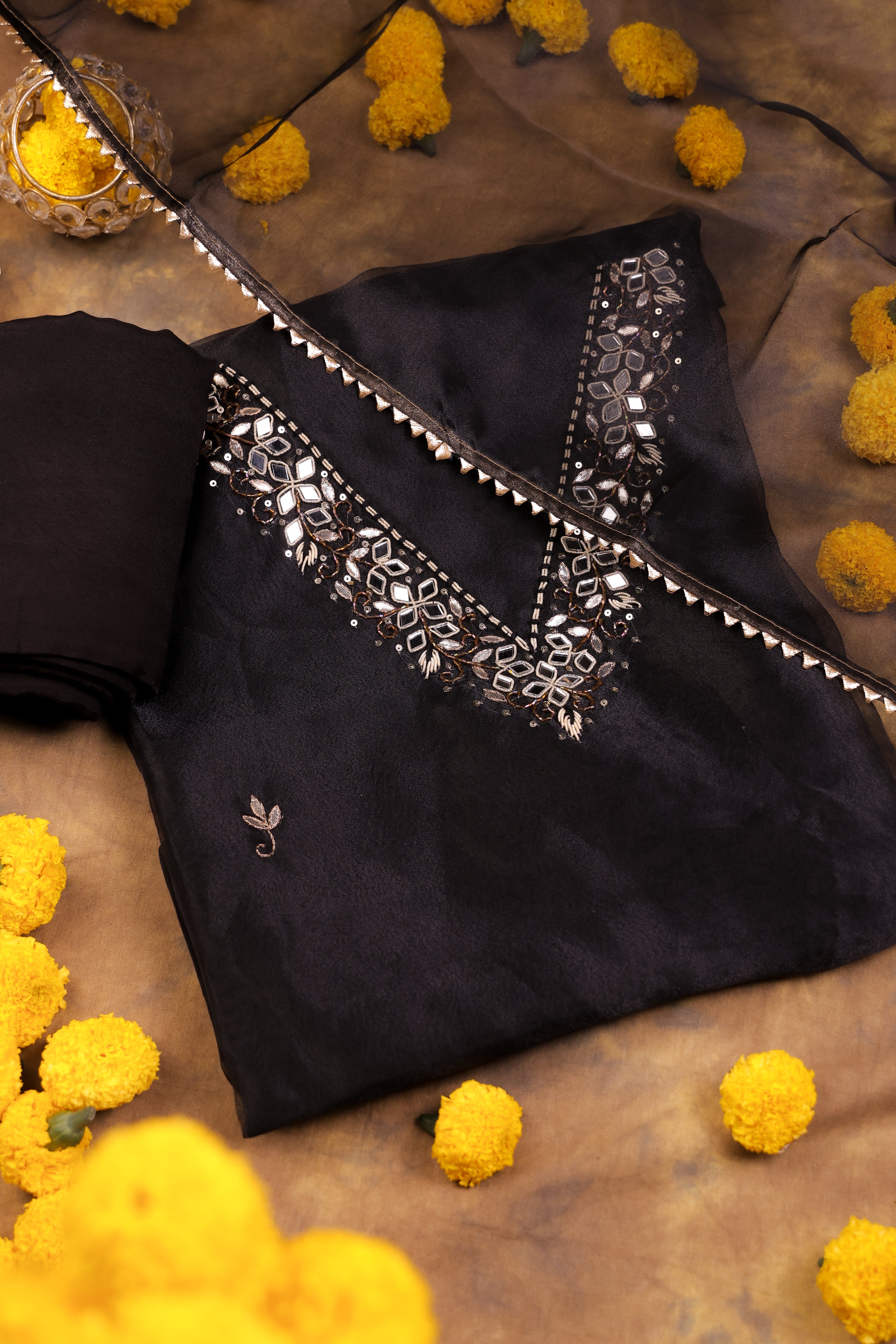 Midnight Black Unstitch Suit with V-Neck Artisanal Mirror Work and Gota Patti Lace Dupatta