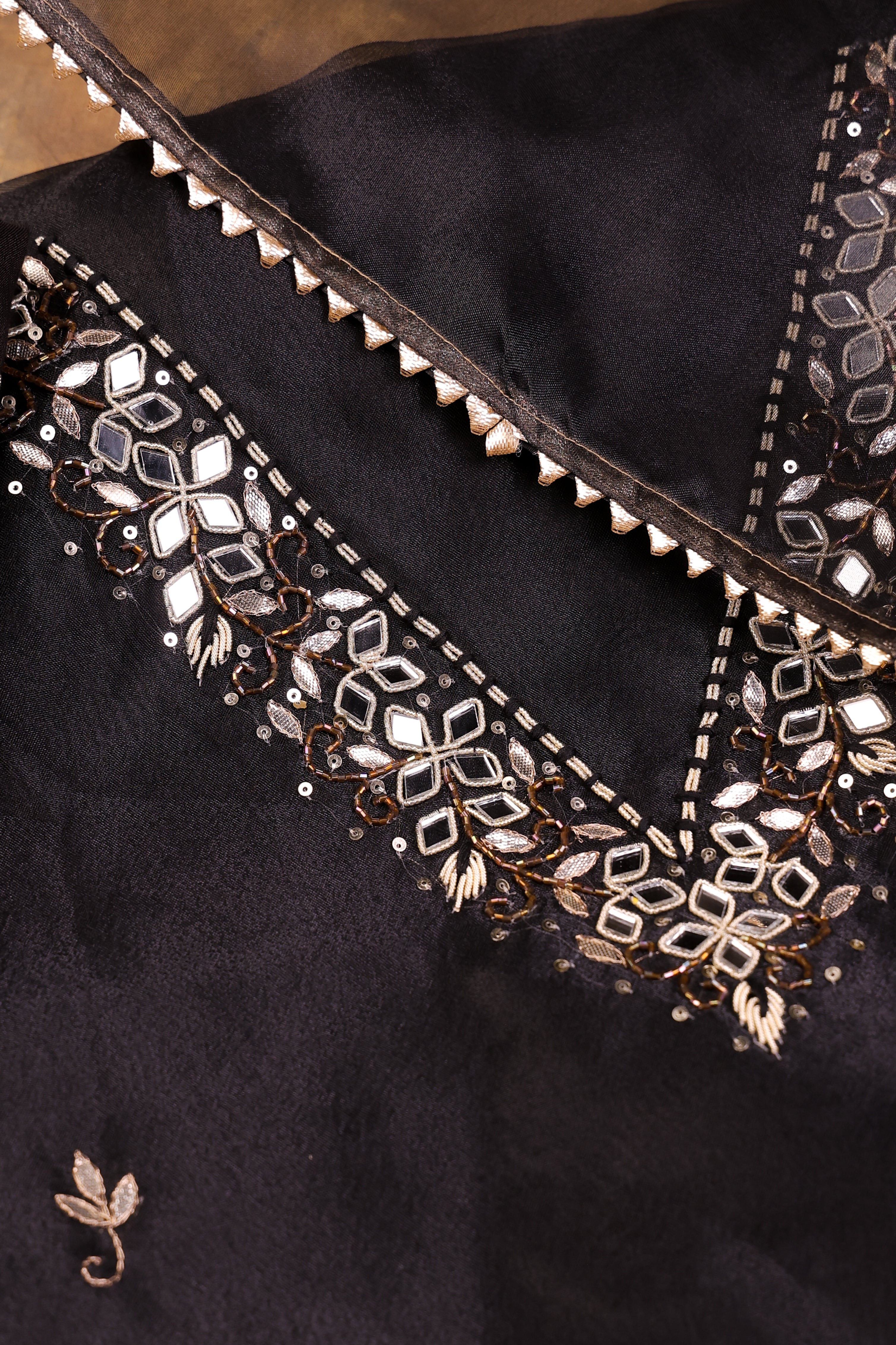 Midnight Black Unstitch Suit with V-Neck Artisanal Mirror Work and Gota Patti Lace Dupatta