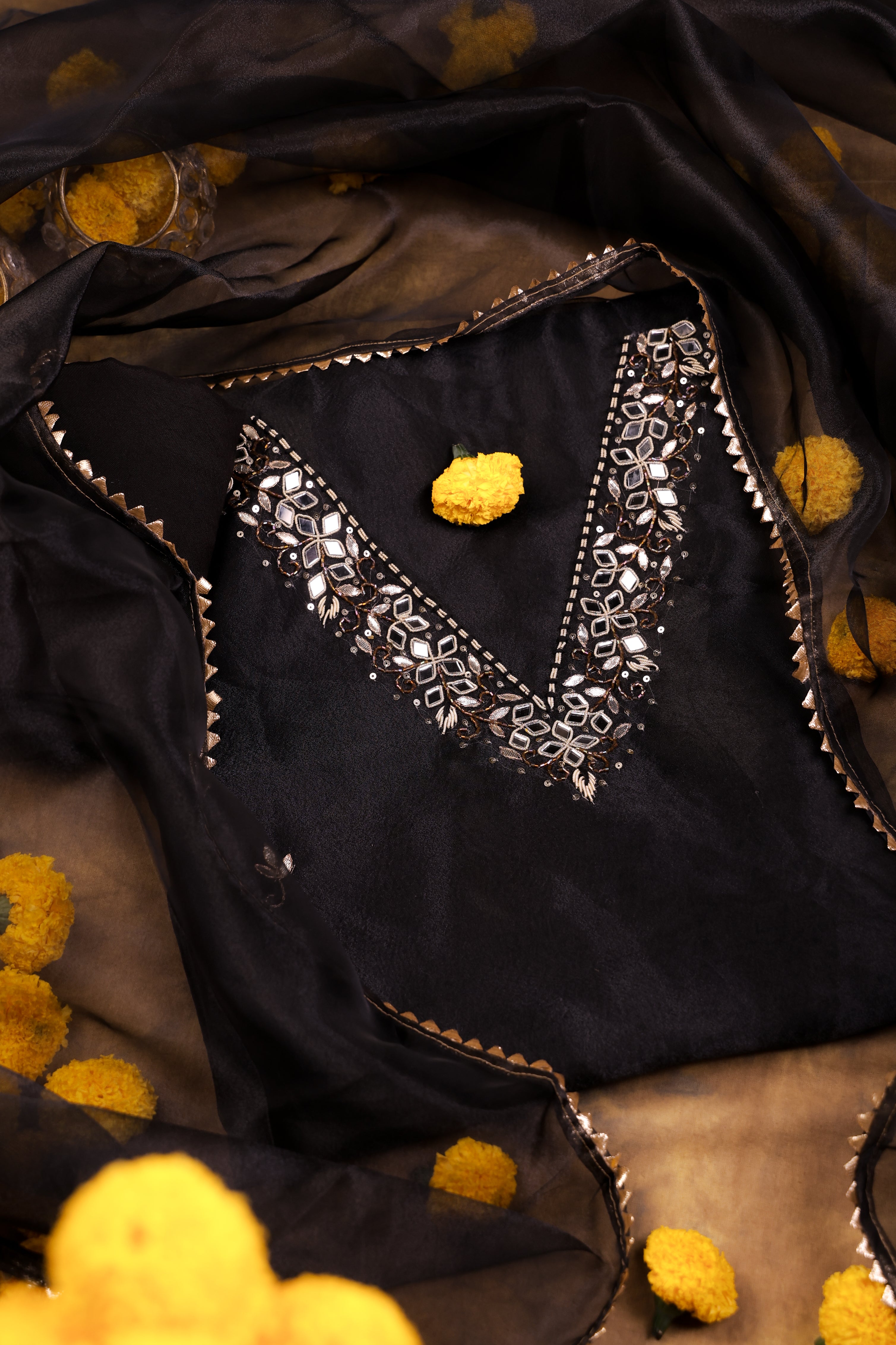 Midnight Black Unstitch Suit with V-Neck Artisanal Mirror Work and Gota Patti Lace Dupatta