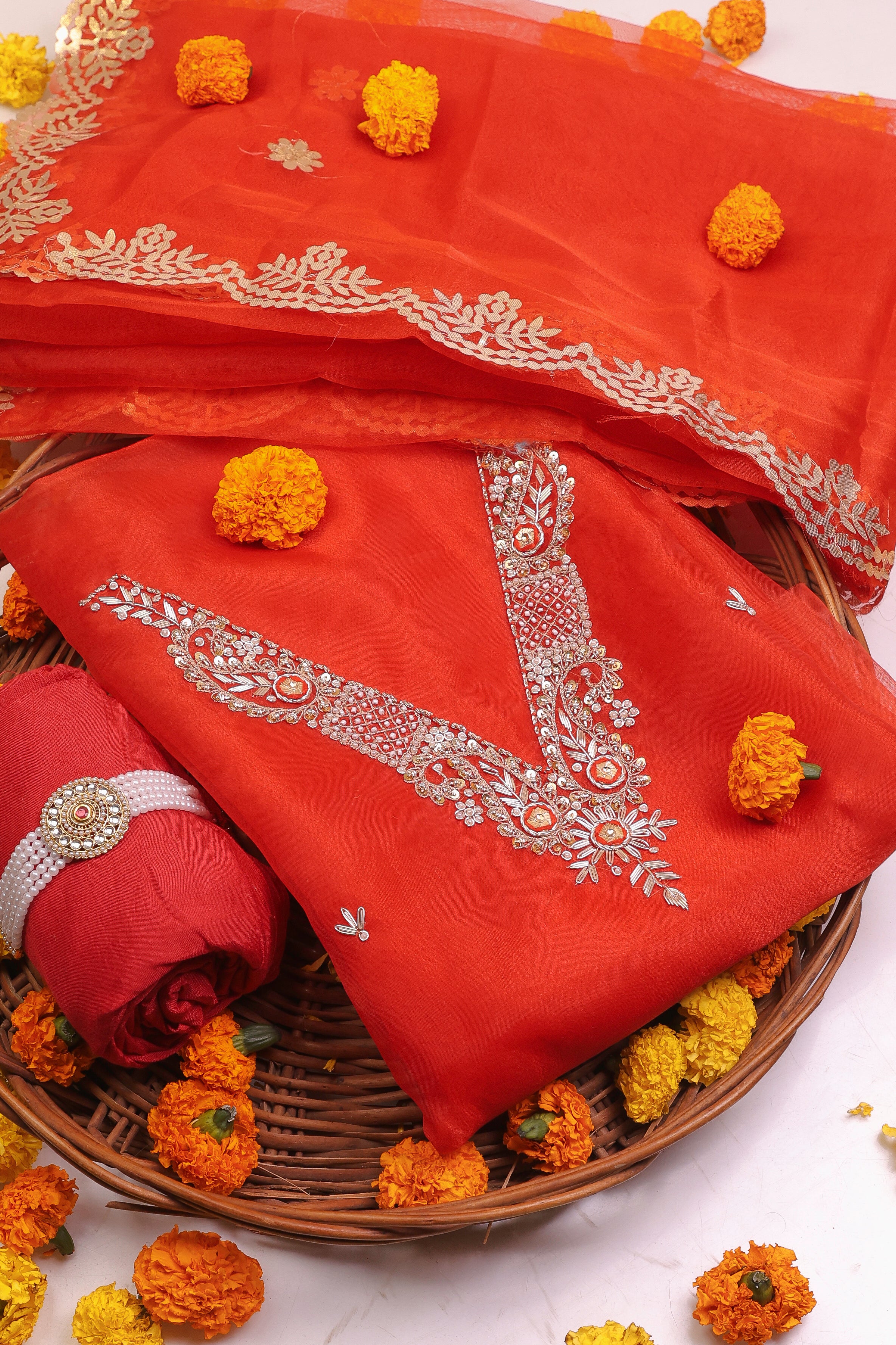 Crimson Red Unstitch Suit with V-Neck Handcrafted Zardozi and Patra Gota Patti Work