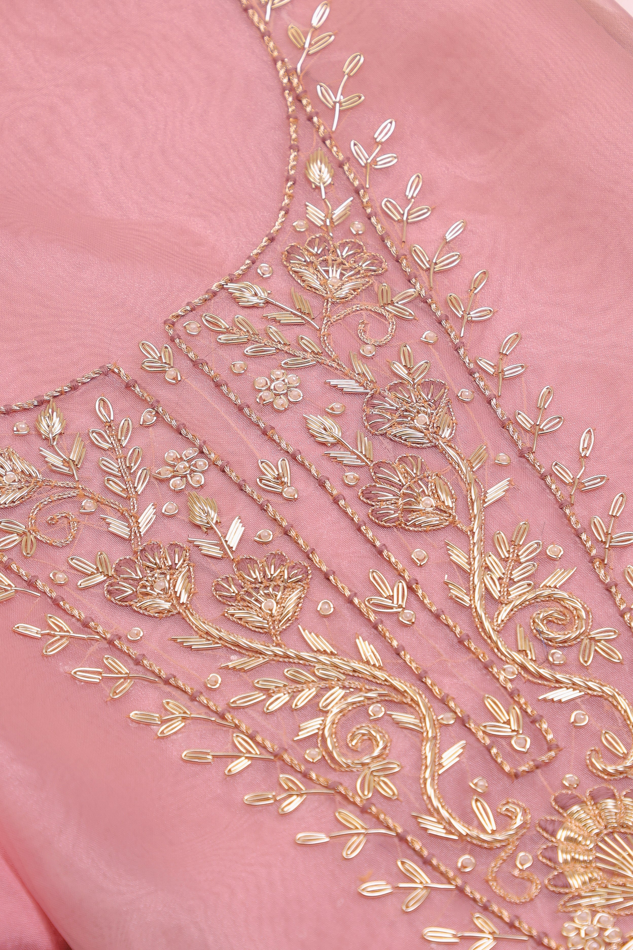 Onion Pink Unstitch Suit with Heavy Handcrafted Zardozi and Gota Patti Work