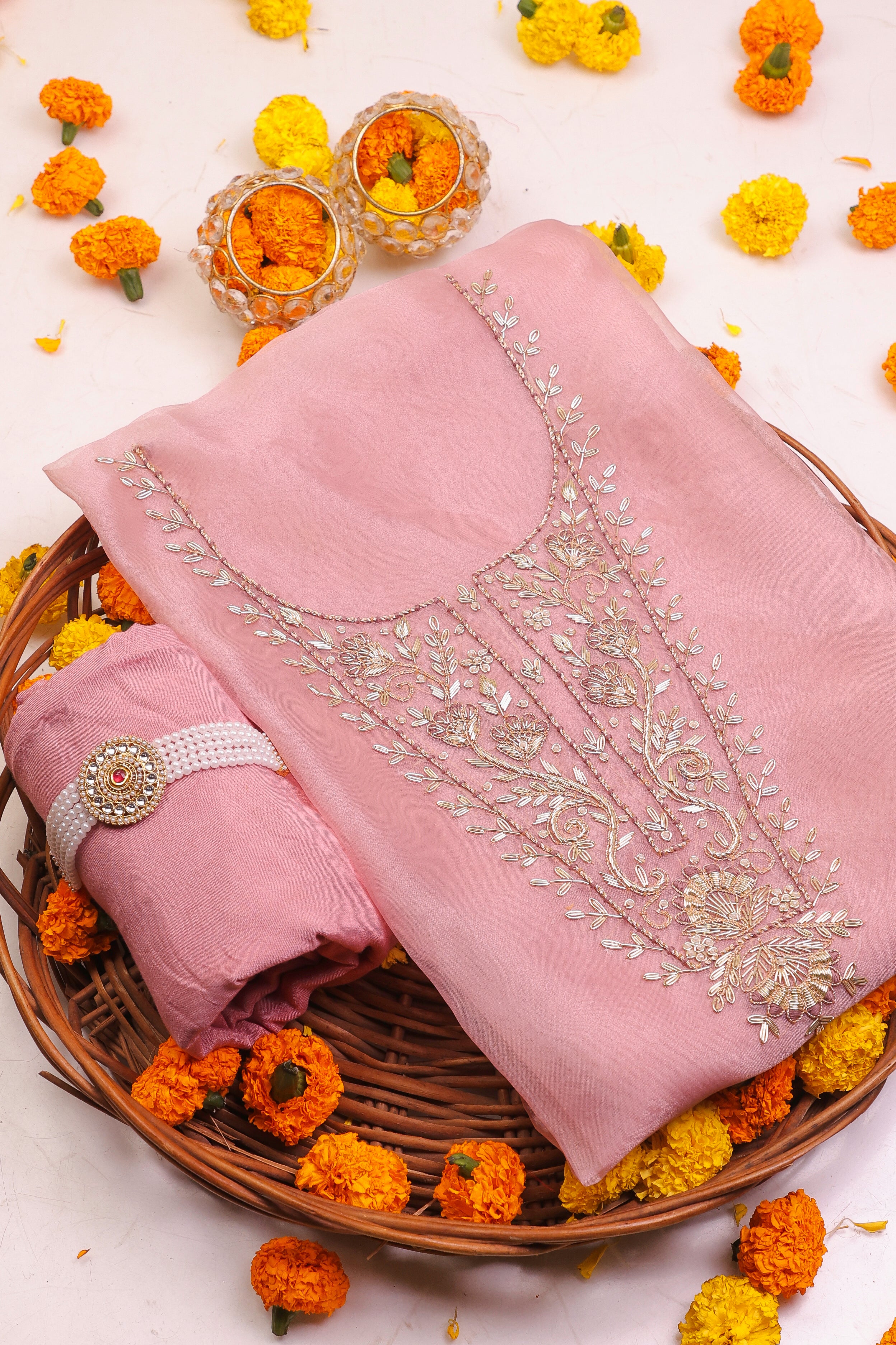 Onion Pink Unstitch Suit with Heavy Handcrafted Zardozi and Gota Patti Work