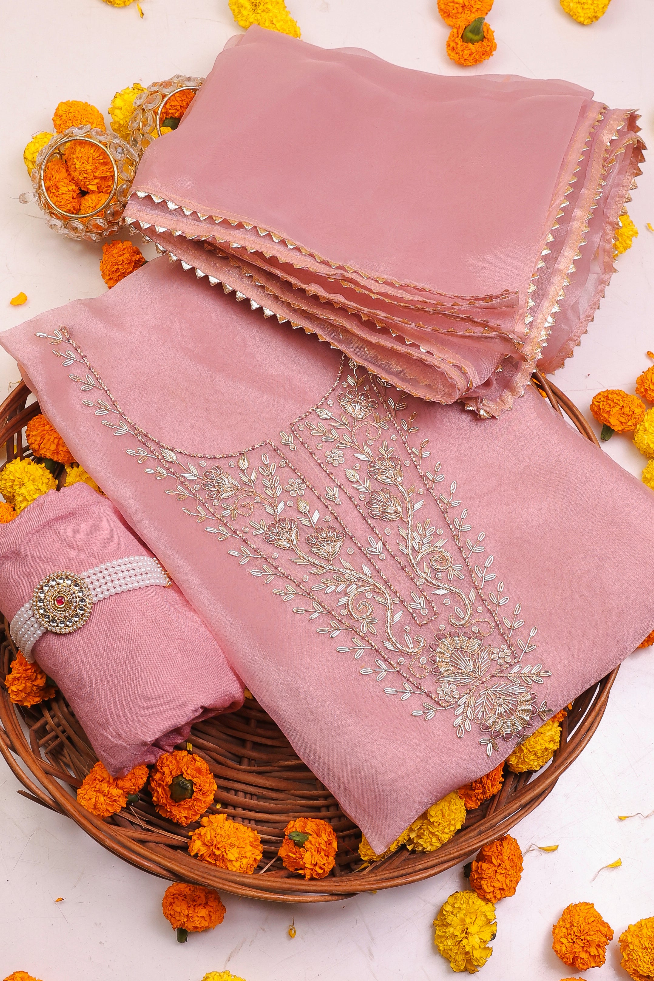 Onion Pink Unstitch Suit with Heavy Handcrafted Zardozi and Gota Patti Work