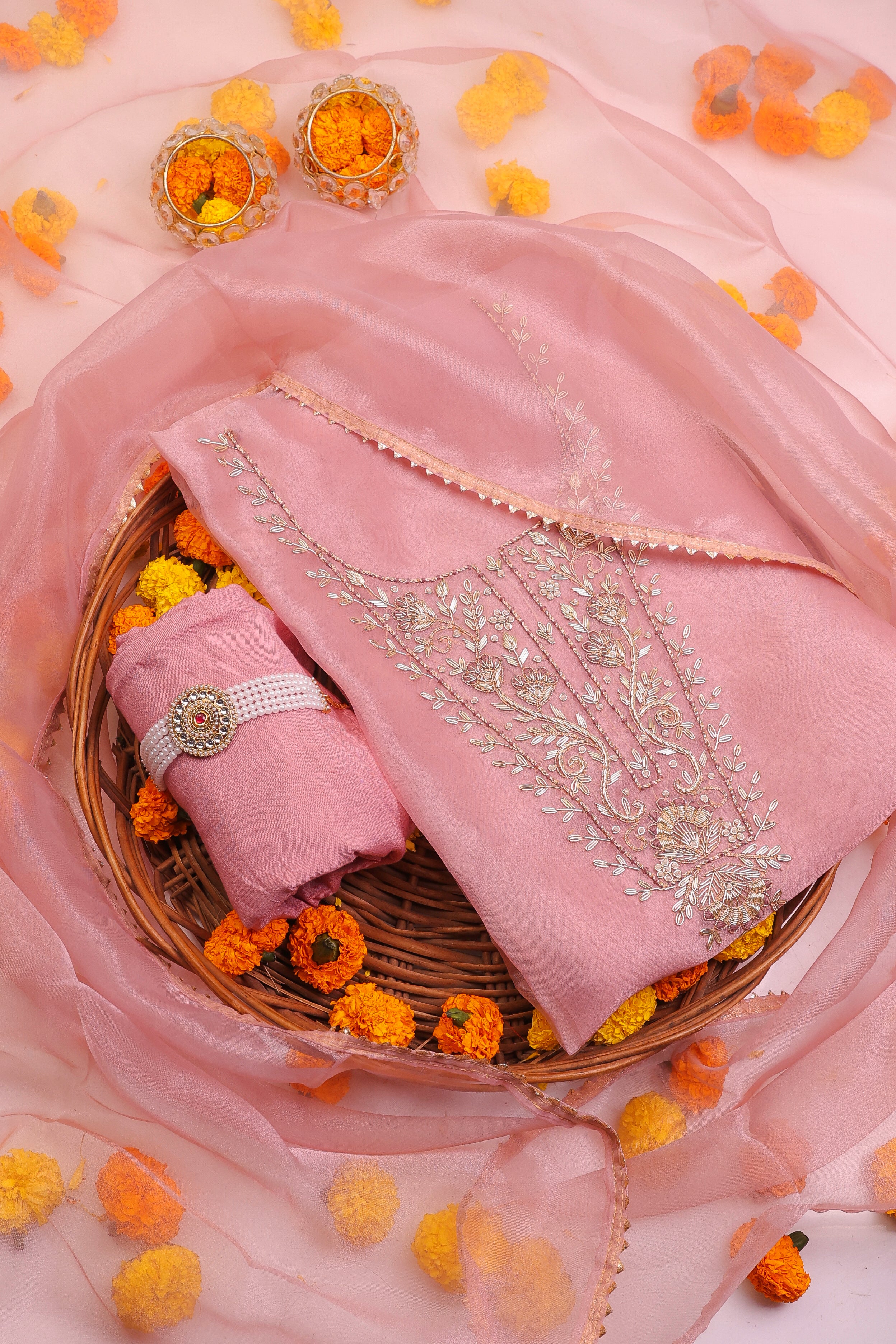 Onion Pink Unstitch Suit with Heavy Handcrafted Zardozi and Gota Patti Work