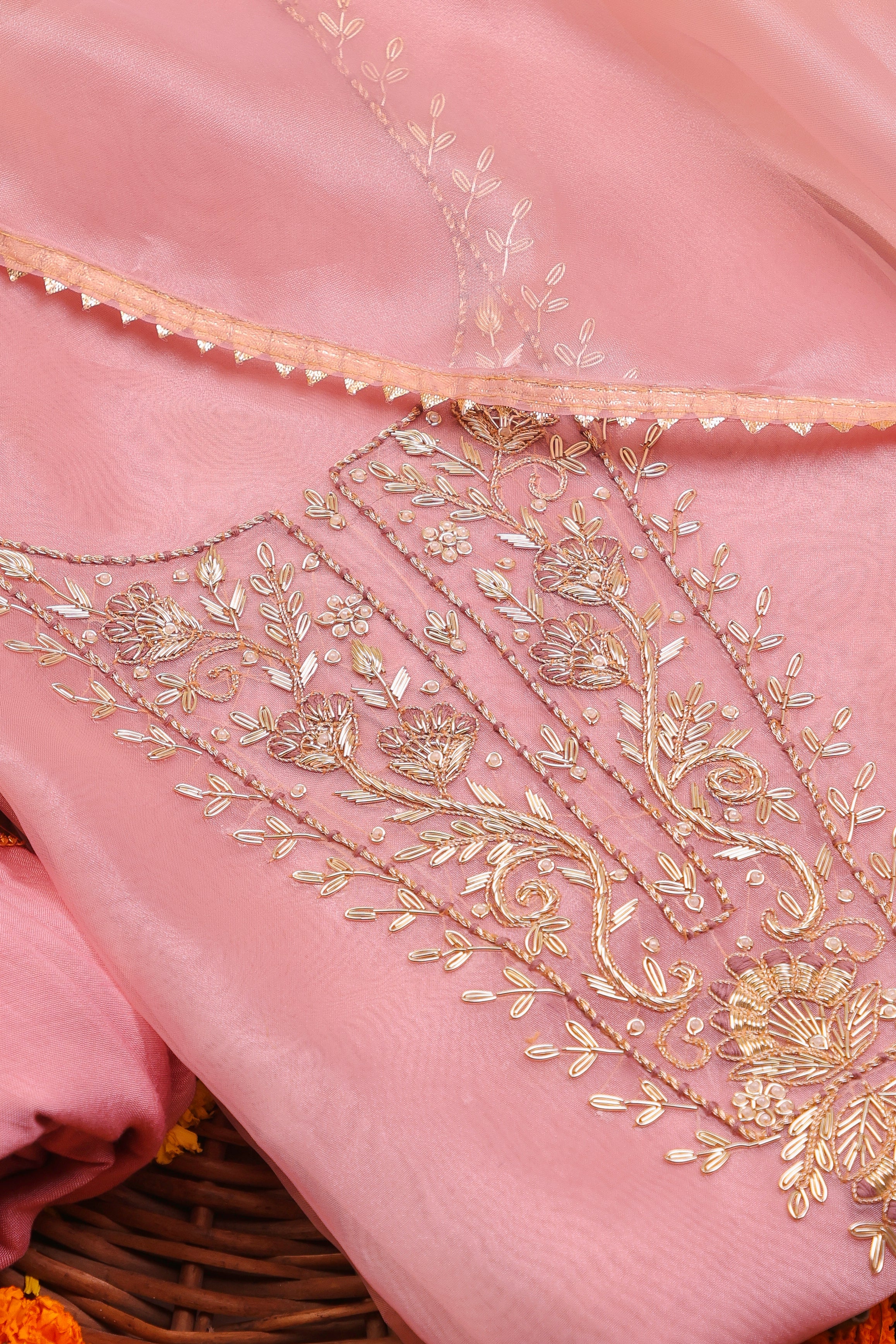 Onion Pink Unstitch Suit with Heavy Handcrafted Zardozi and Gota Patti Work