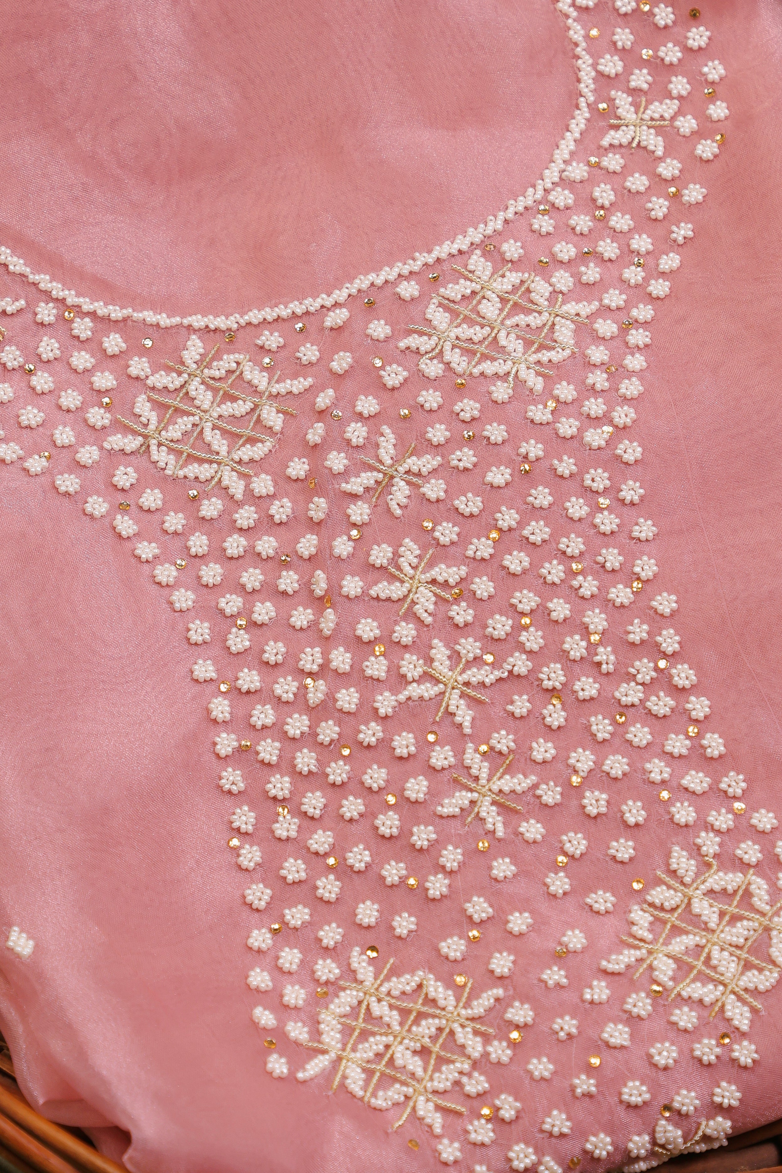 Onion Pink Unstitch Suit with Heavy Handcrafted Pearl Work and Gota Patti Lace Dupatta