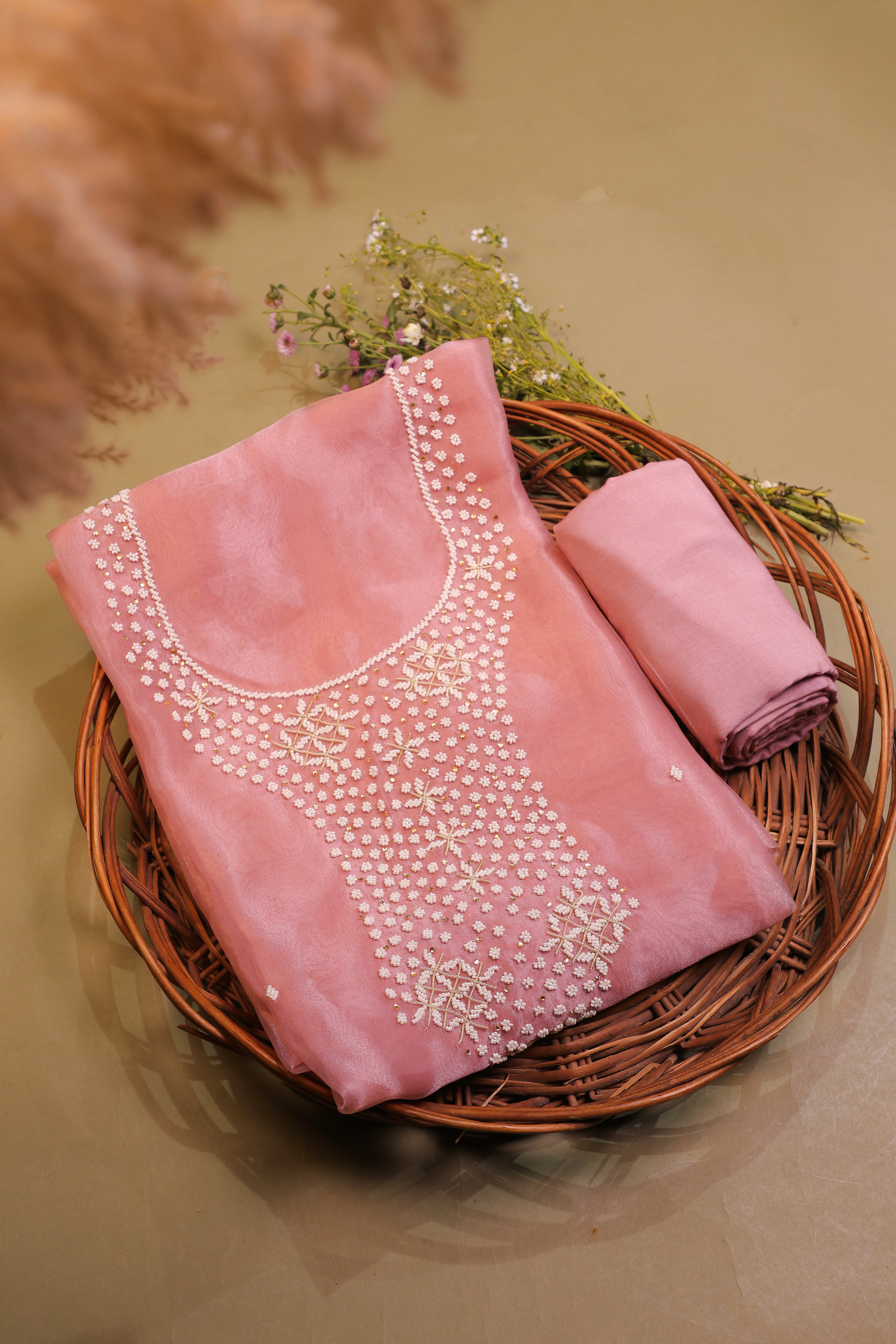 Onion Pink Unstitch Suit with Heavy Handcrafted Pearl Work and Gota Patti Lace Dupatta